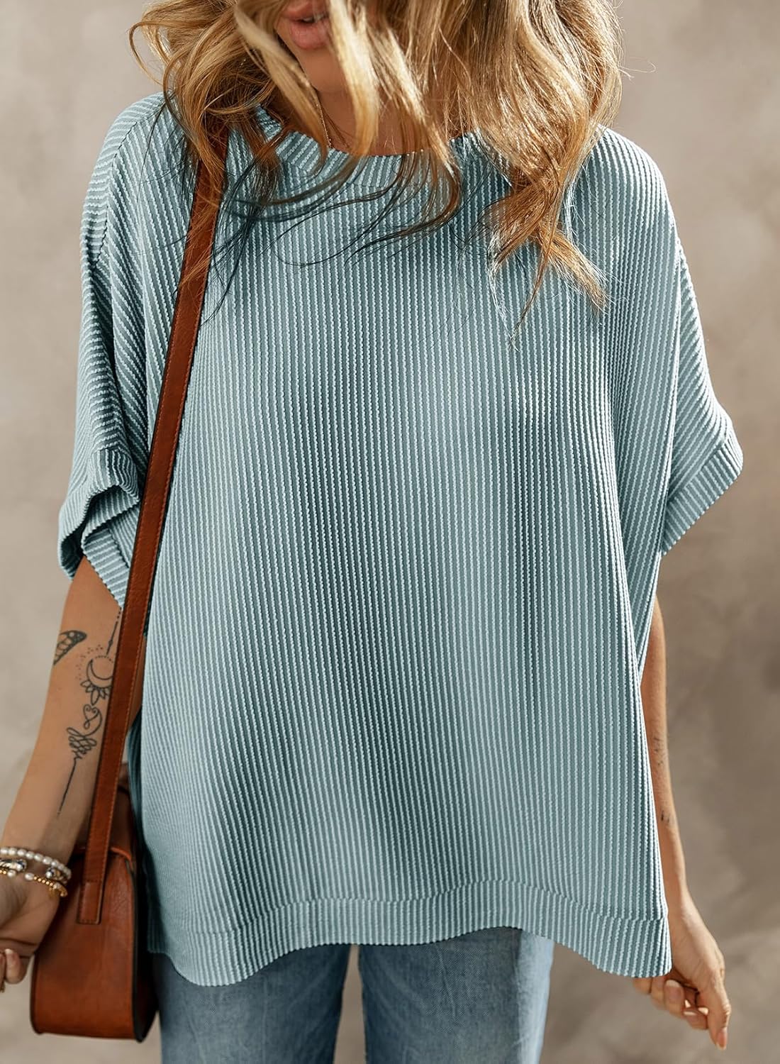 Dokotoo Women's Casual Oversized Short Sleeve Solid Color Loose Texture Knit Tunic Tops Blouses