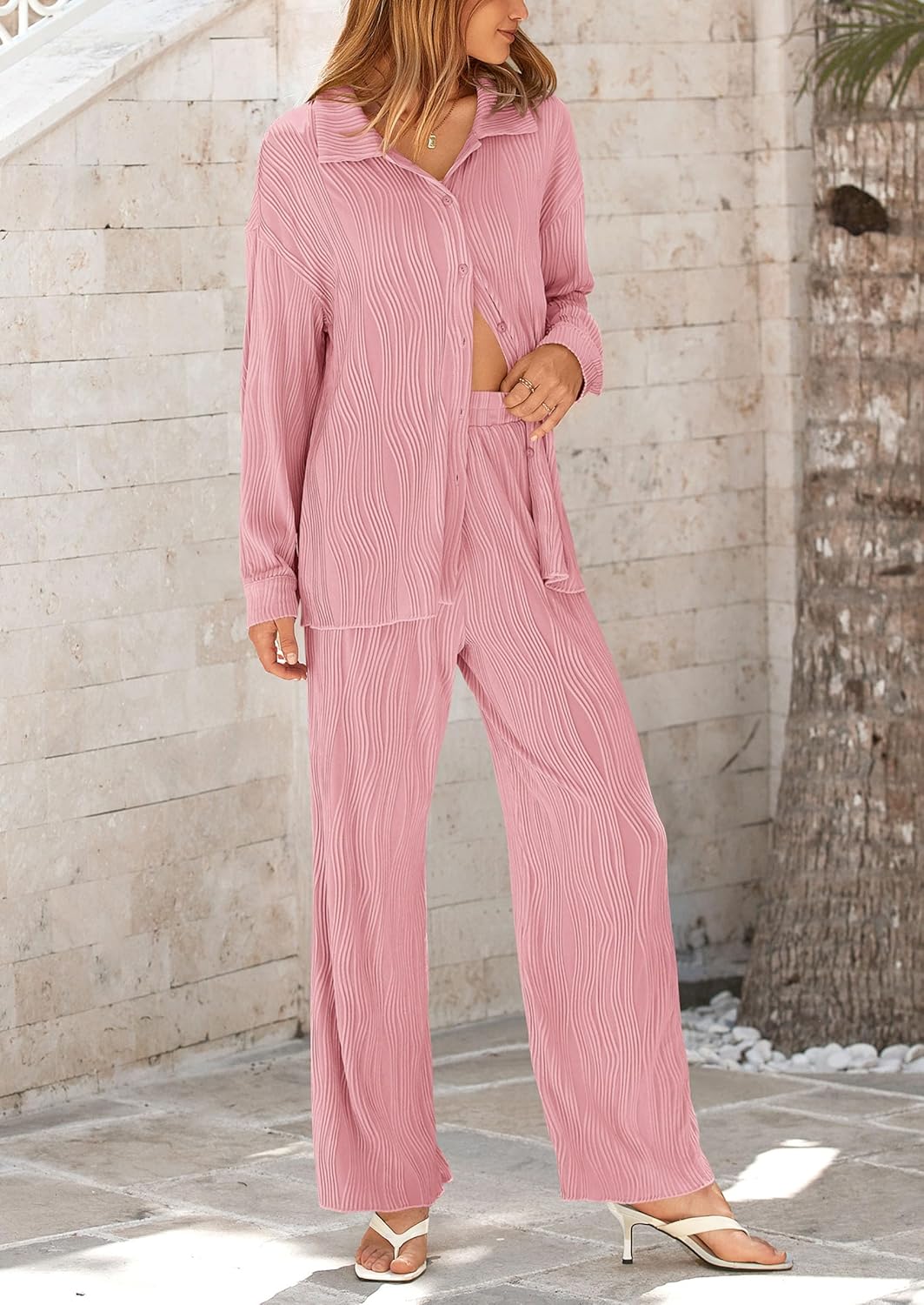 Women's 2 Piece Textured Sets Casual Button Down Shirt Wide Leg Pants Outfit Loungewear Tracksuit