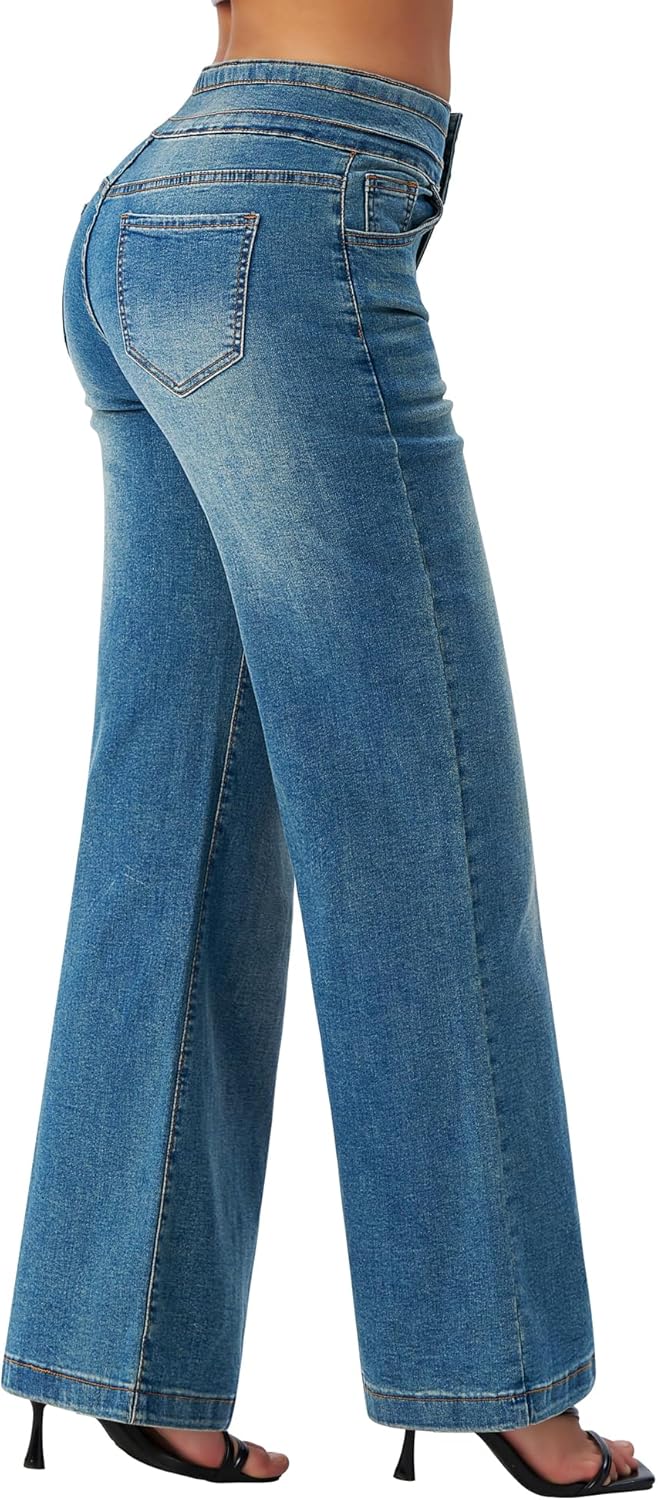 roswear Women's Wide Leg Jeans Casual High Waisted Stretch Baggy Loose Denim Pants