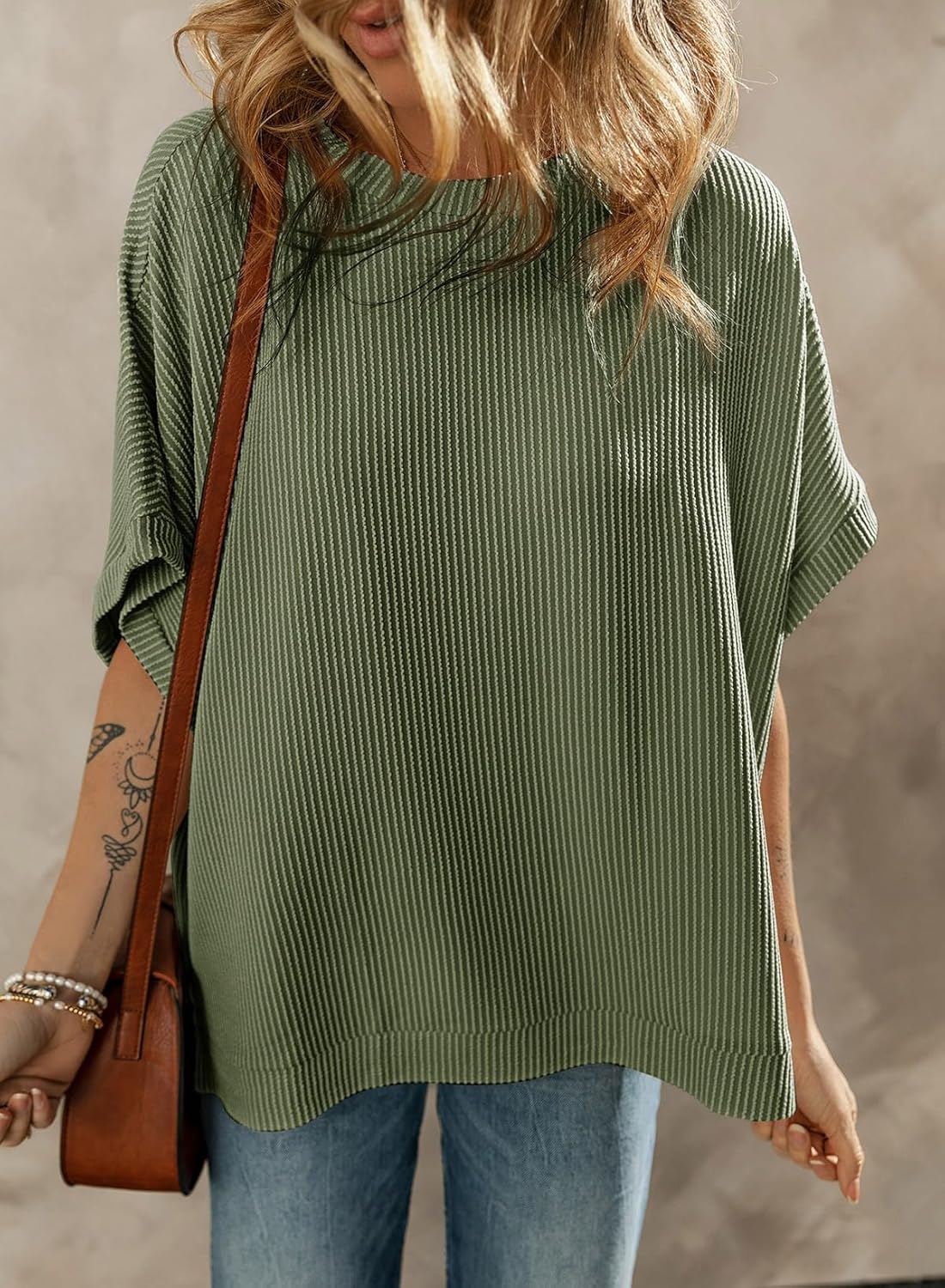 Dokotoo Women's Casual Oversized Short Sleeve Solid Color Loose Texture Knit Tunic Tops Blouses