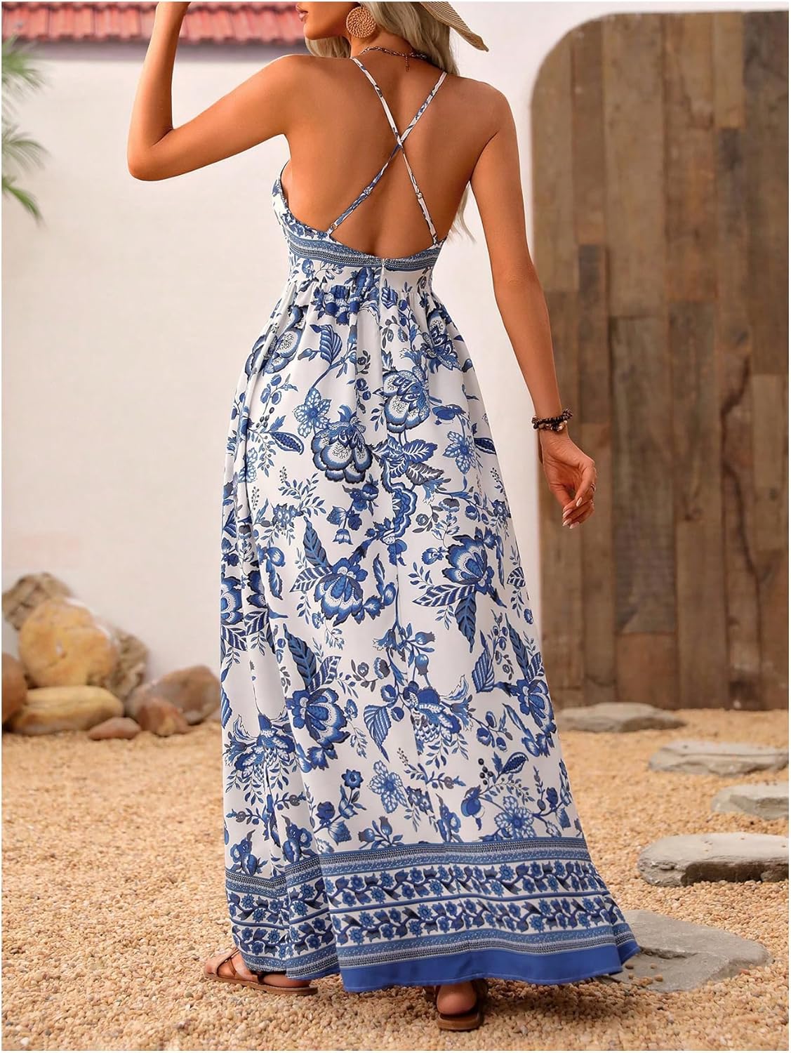 MakeMeChic Women's Boho V Neck Sleeveless Maxi Sundress Floral Print Criss Cross Backless Flare Cami Dress