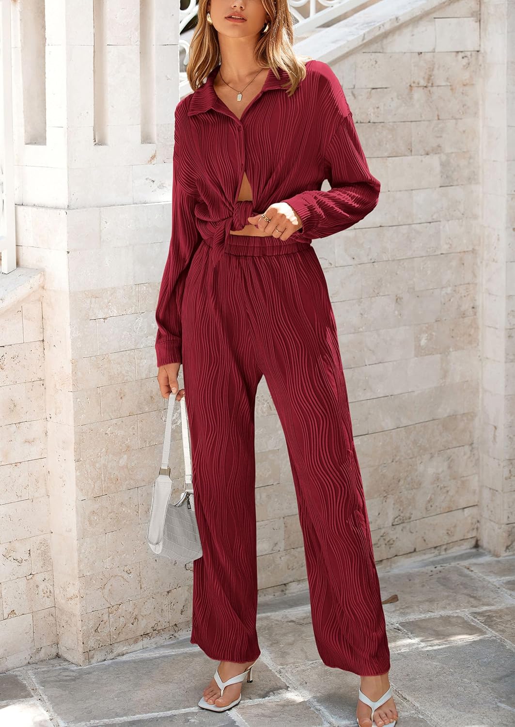 Women's 2 Piece Textured Sets Casual Button Down Shirt Wide Leg Pants Outfit Loungewear Tracksuit