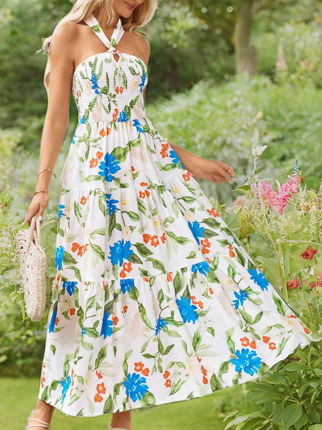 GRACE KARIN Women's Summer Dresses 2025 Halter Neck Sleeveless Smocked Backless Cut Out Floral Flowy A Line Maxi Dress