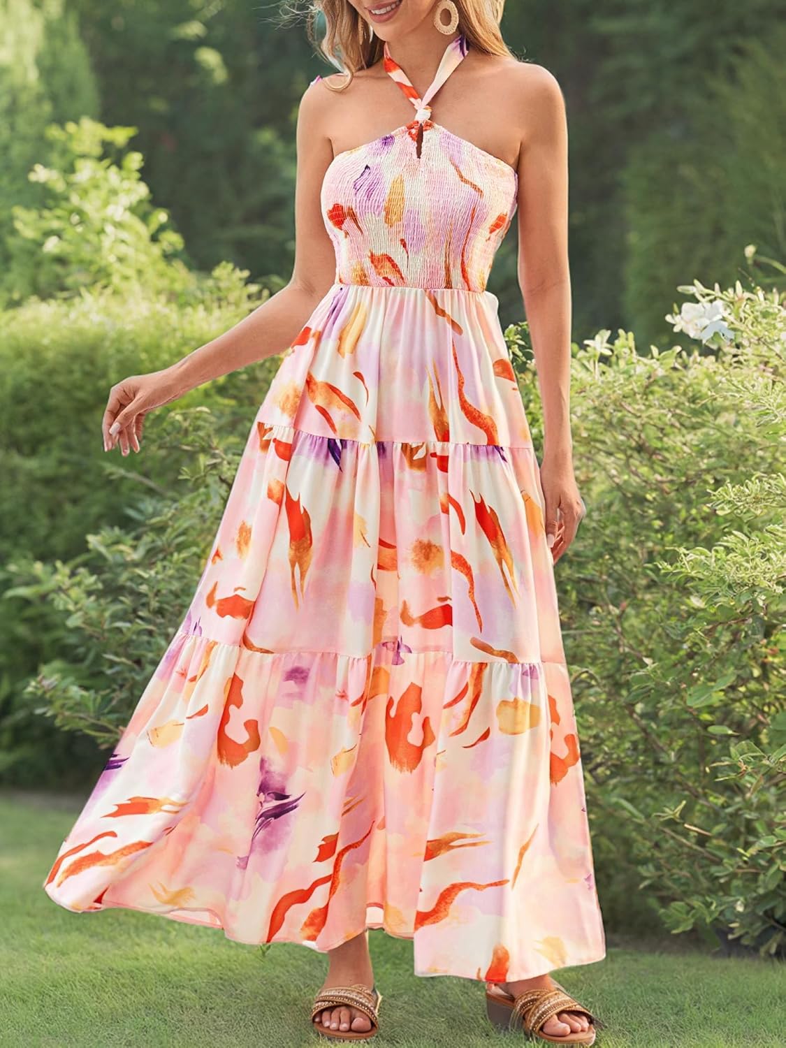 GRACE KARIN Women's Summer Dresses 2025 Halter Neck Sleeveless Smocked Backless Cut Out Floral Flowy A Line Maxi Dress