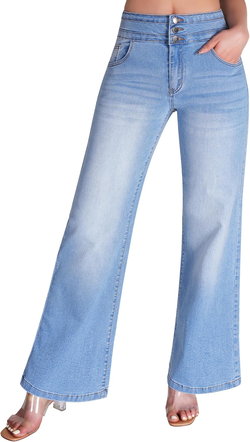 roswear Women's Wide Leg Jeans Casual High Waisted Stretch Baggy Loose Denim Pants