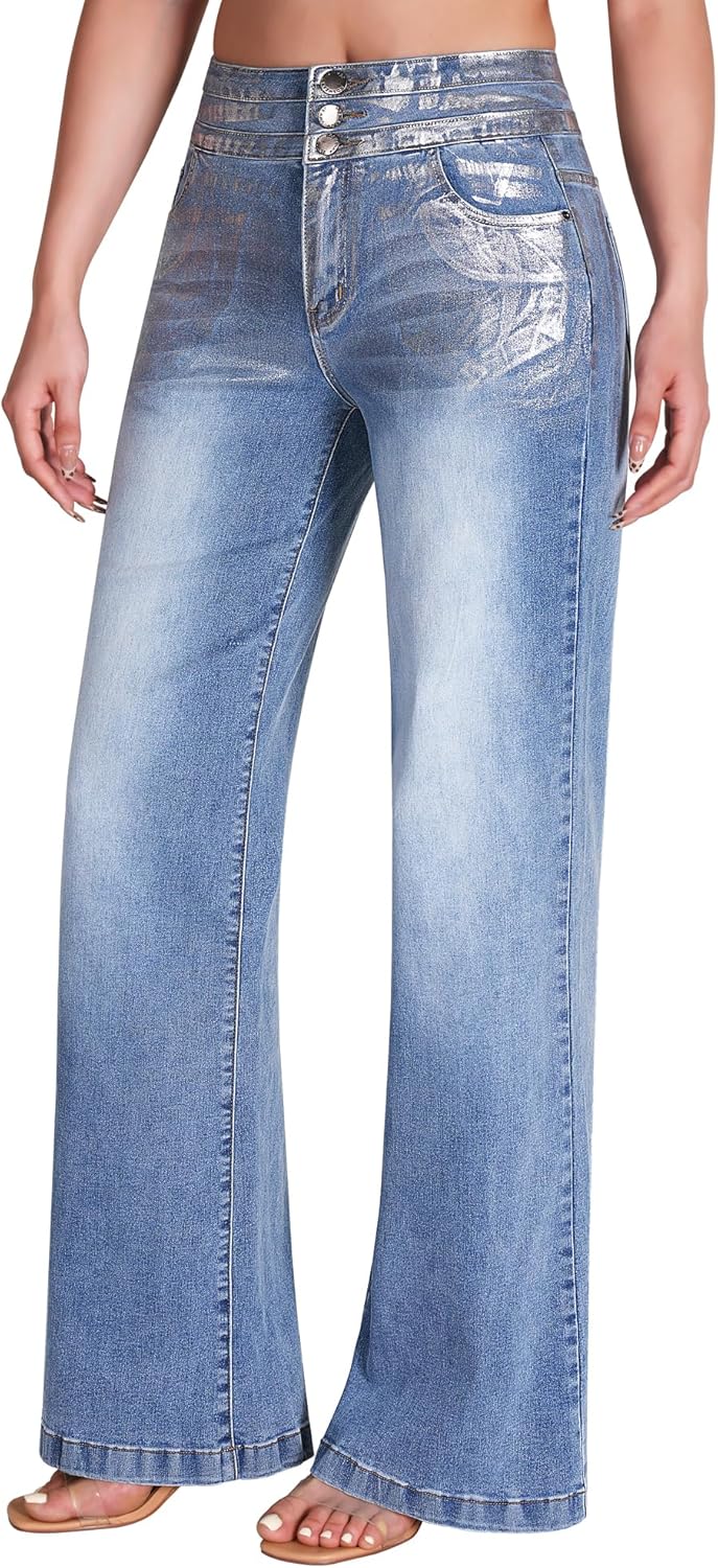 roswear Women's Wide Leg Jeans Casual High Waisted Stretch Baggy Loose Denim Pants