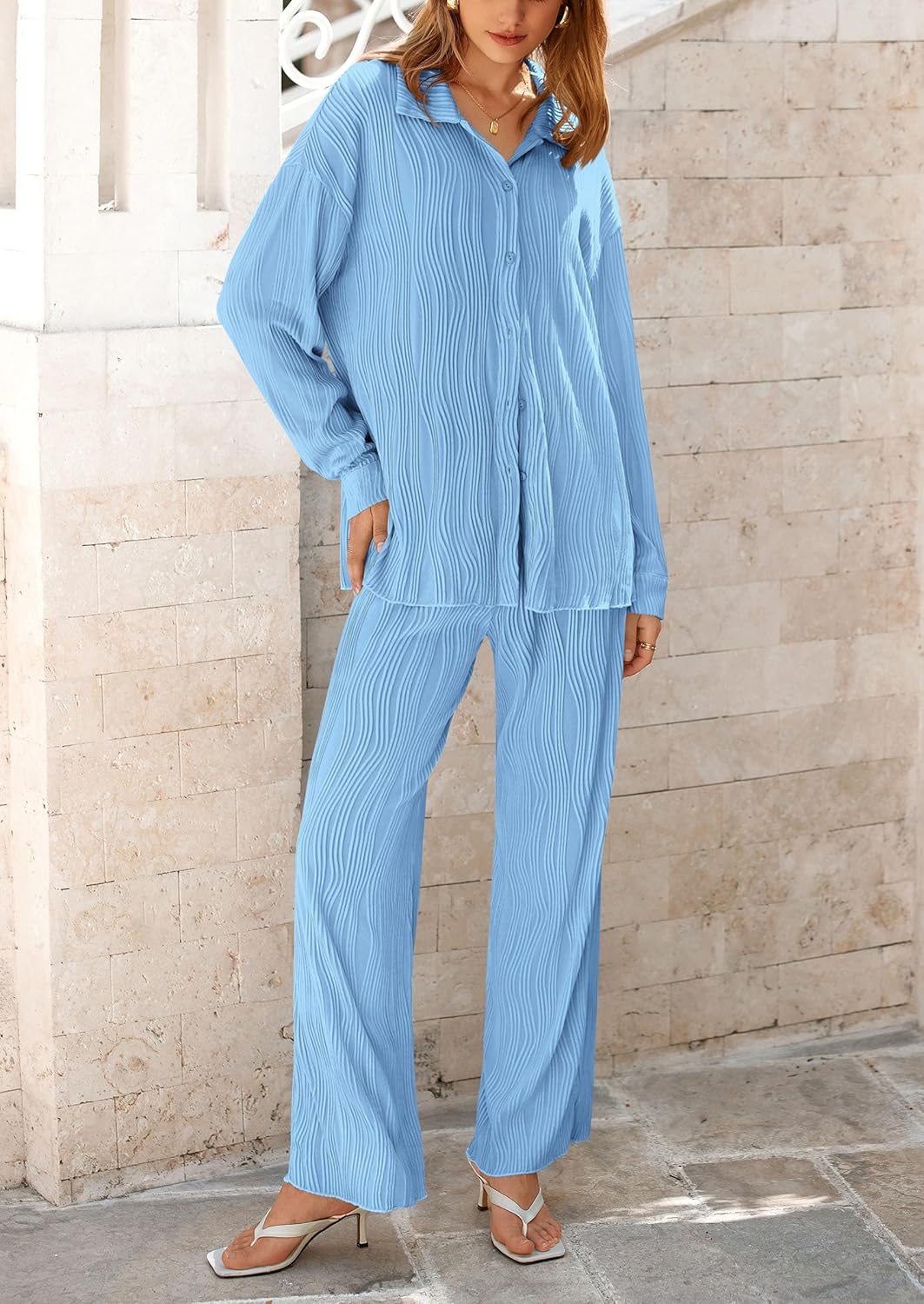 Women's 2 Piece Textured Sets Casual Button Down Shirt Wide Leg Pants Outfit Loungewear Tracksuit