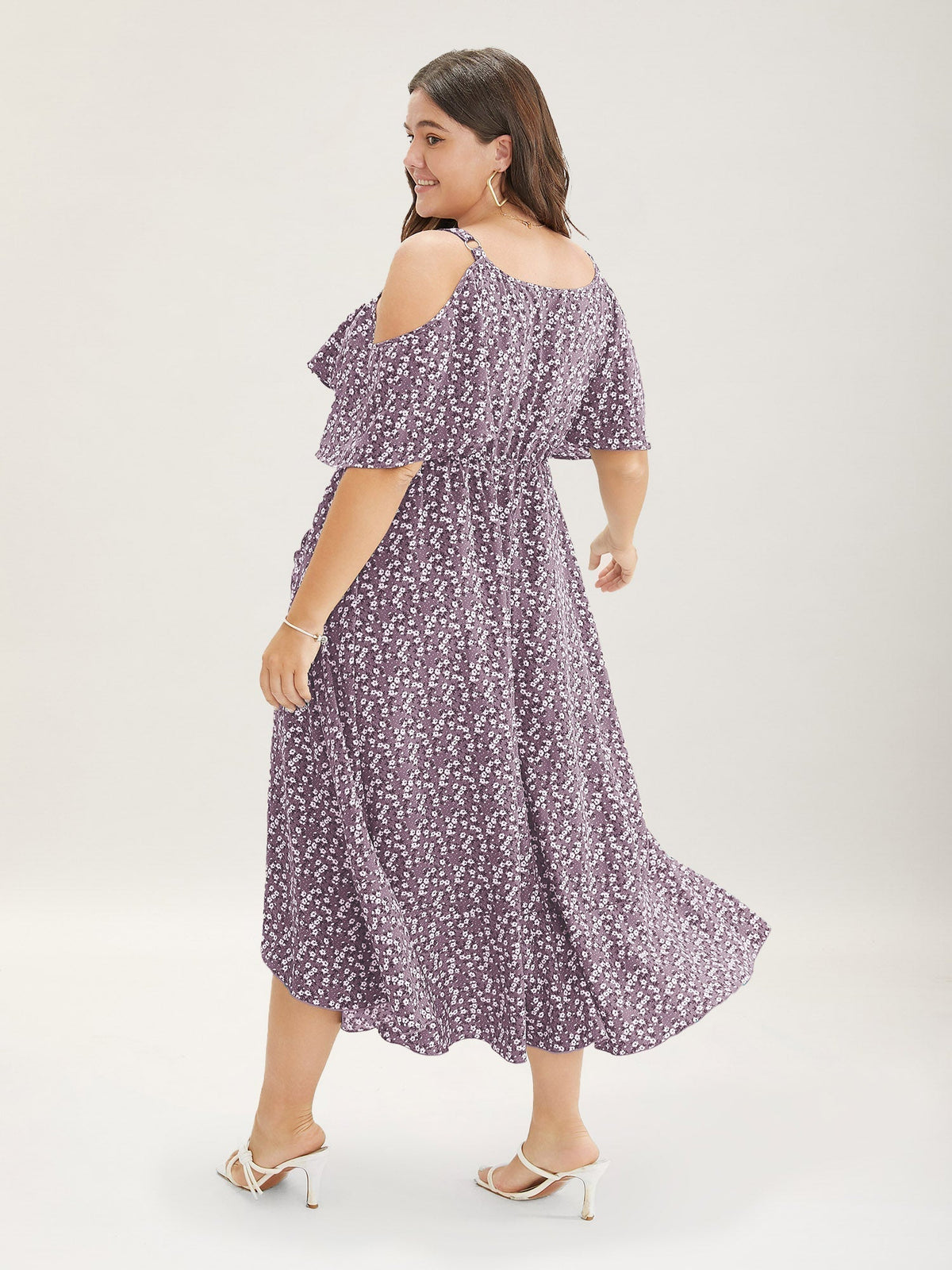Ditsy Floral Pocket Wrap Cold Shoulder Ruffle Dress
