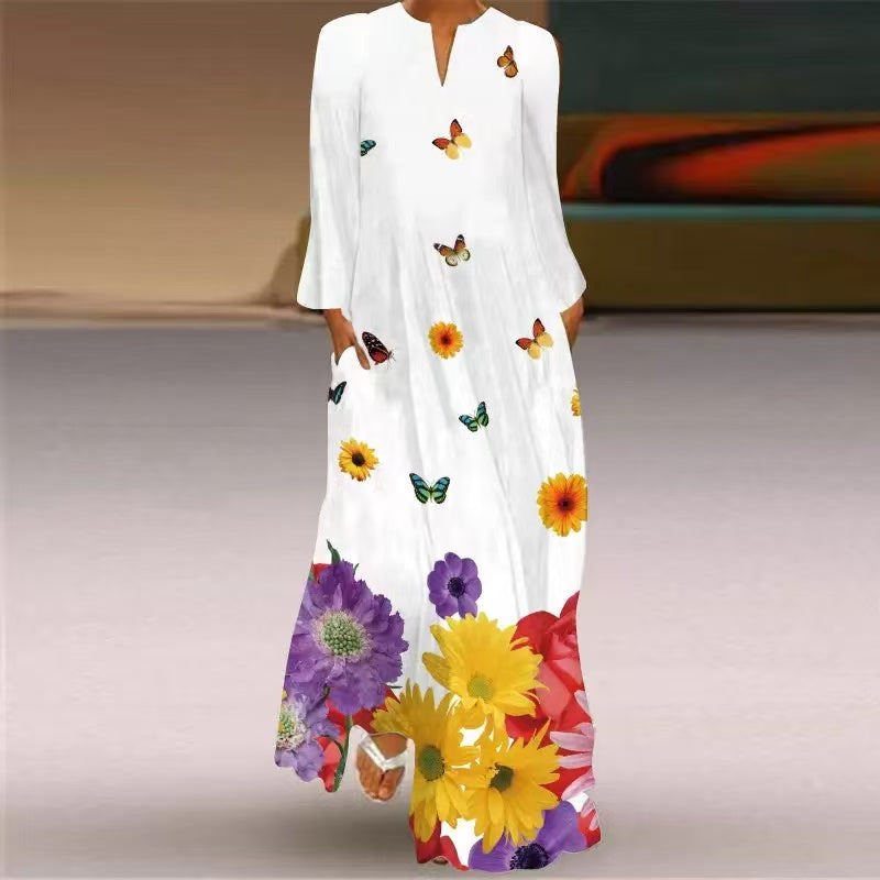 Women's White Floral Print V Neck Long Sleeve Dress