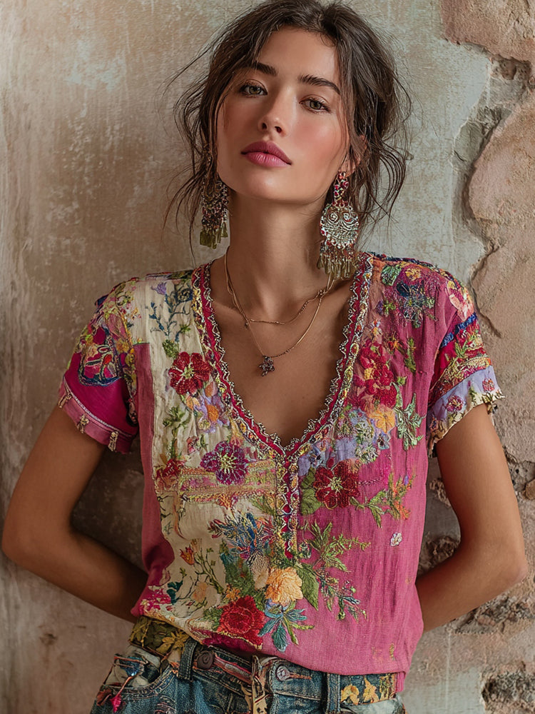 Women's Bohemian Floral Embroidery Art V-neck Contrast Color Linen Blend T-shirt