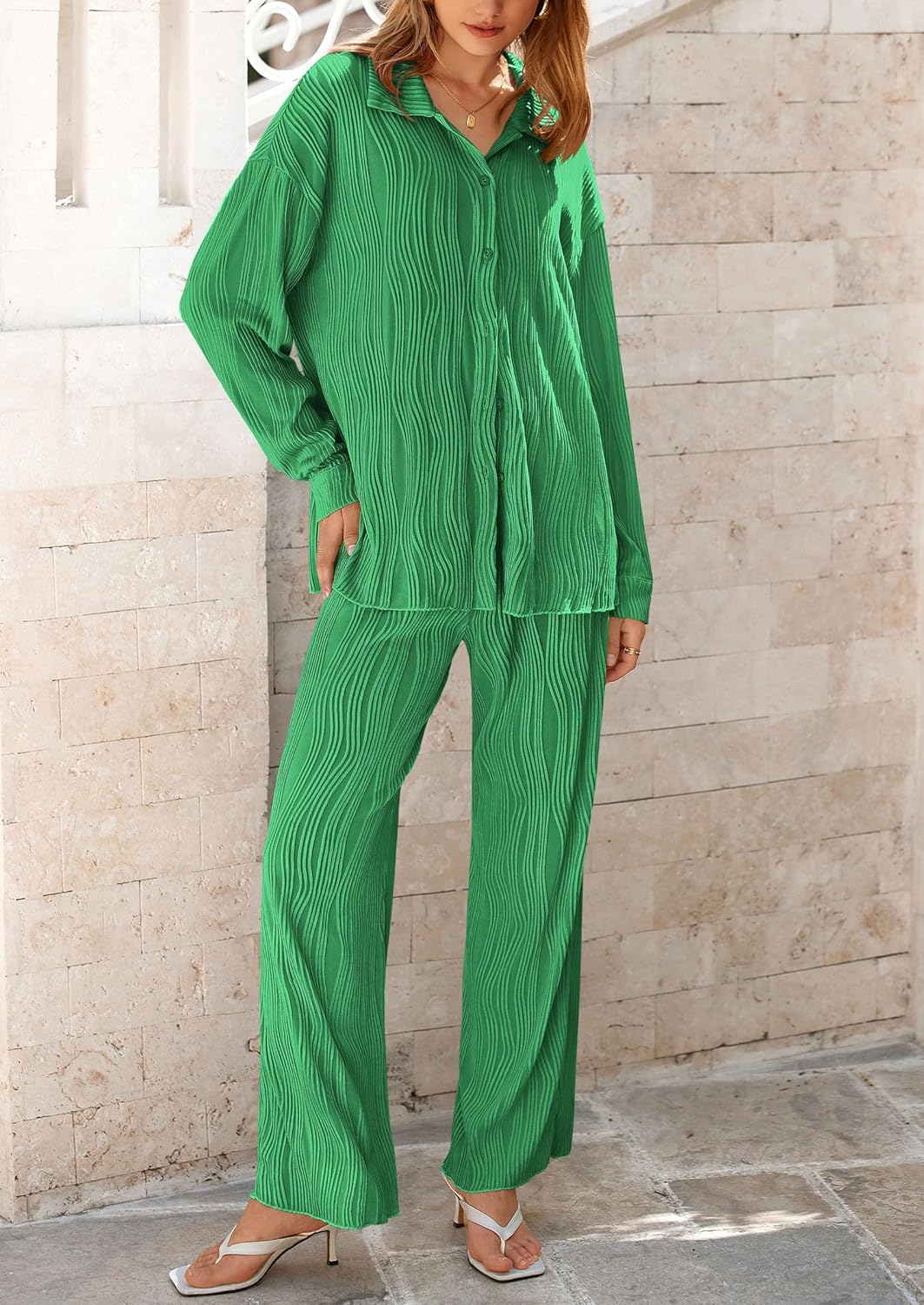 Women's 2 Piece Textured Sets Casual Button Down Shirt Wide Leg Pants Outfit Loungewear Tracksuit