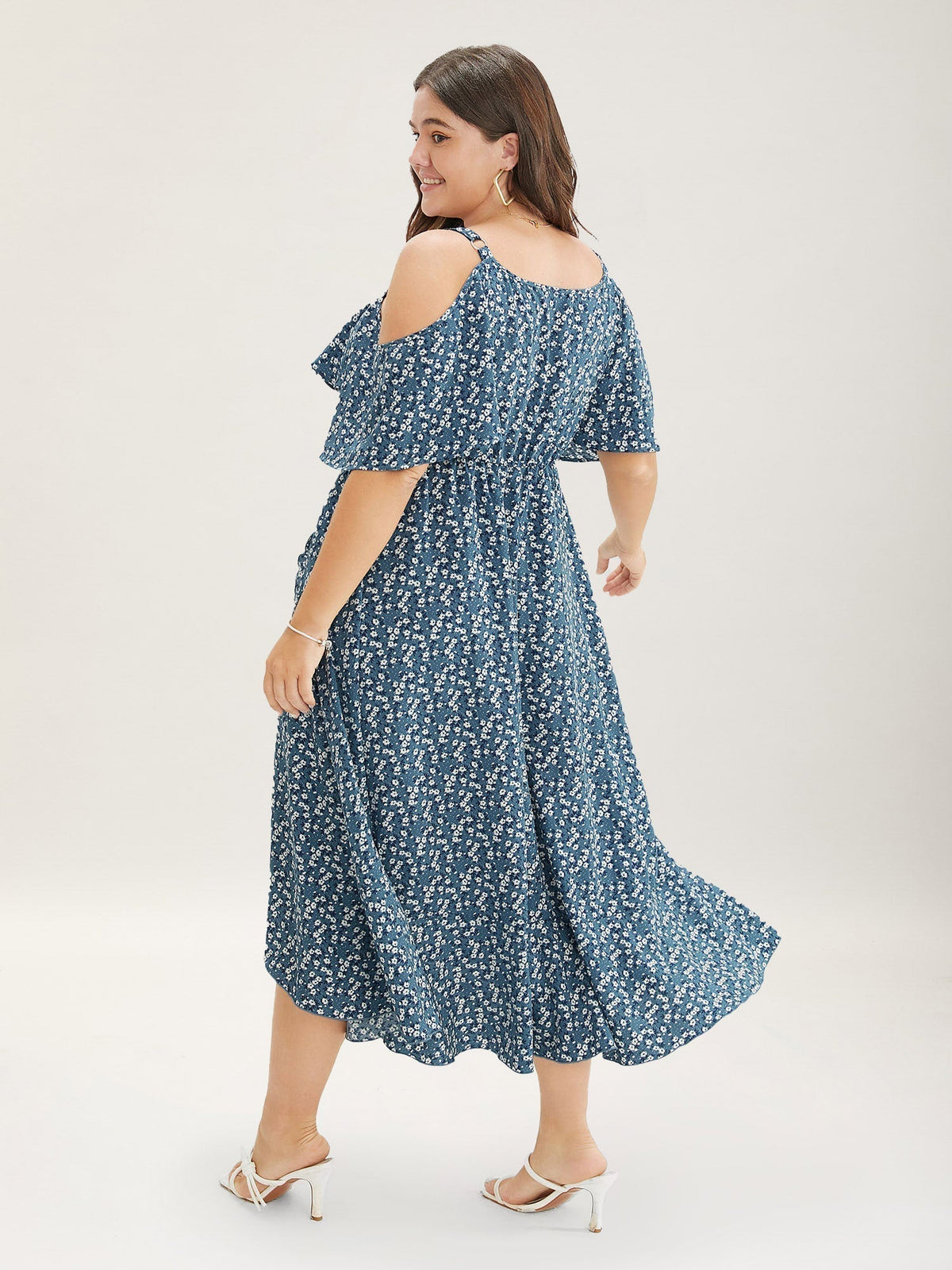 Ditsy Floral Pocket Wrap Cold Shoulder Ruffle Dress