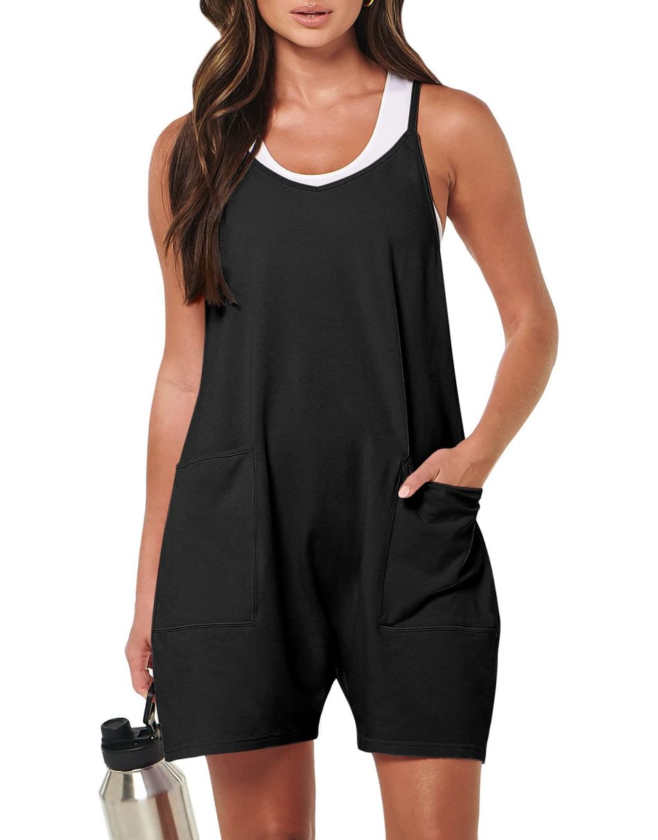Anrabess Casual Rompers Loose Spaghetti Strap Shorts Jumpsuit with Pockets