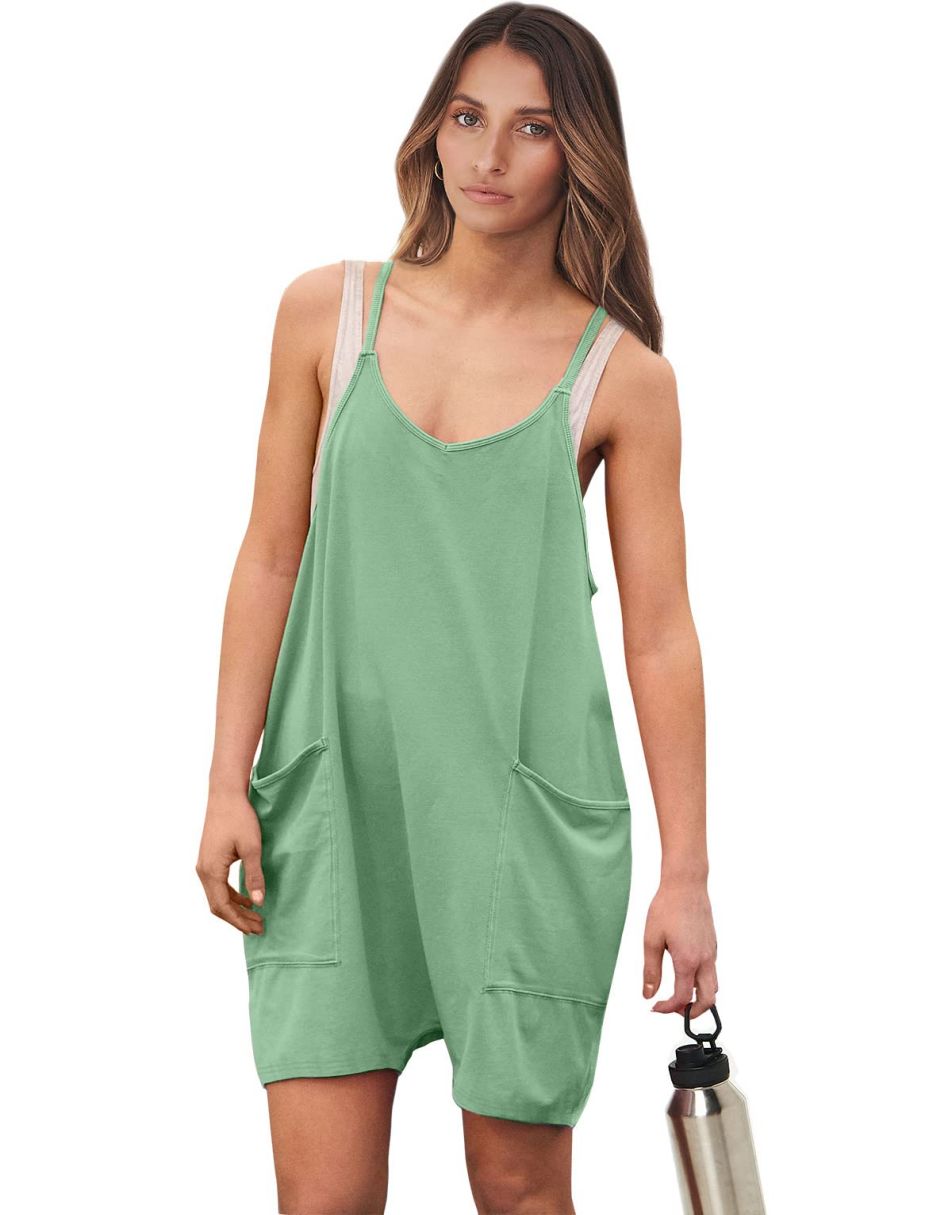 Anrabess Casual Rompers Loose Spaghetti Strap Shorts Jumpsuit with Pockets
