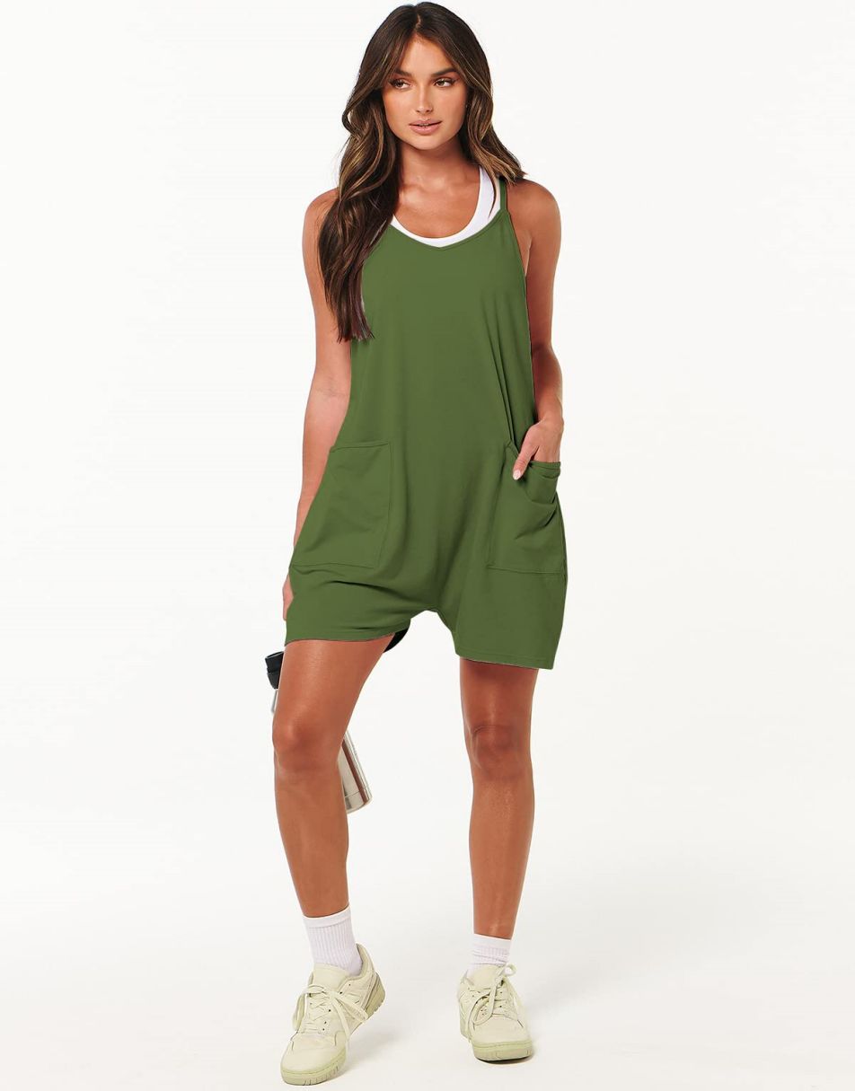 Anrabess Casual Rompers Loose Spaghetti Strap Shorts Jumpsuit with Pockets