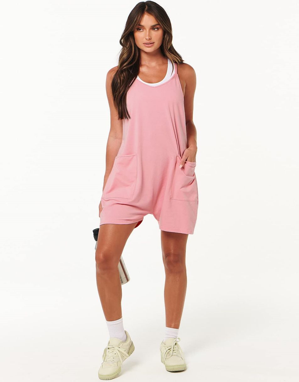 Anrabess Casual Rompers Loose Spaghetti Strap Shorts Jumpsuit with Pockets