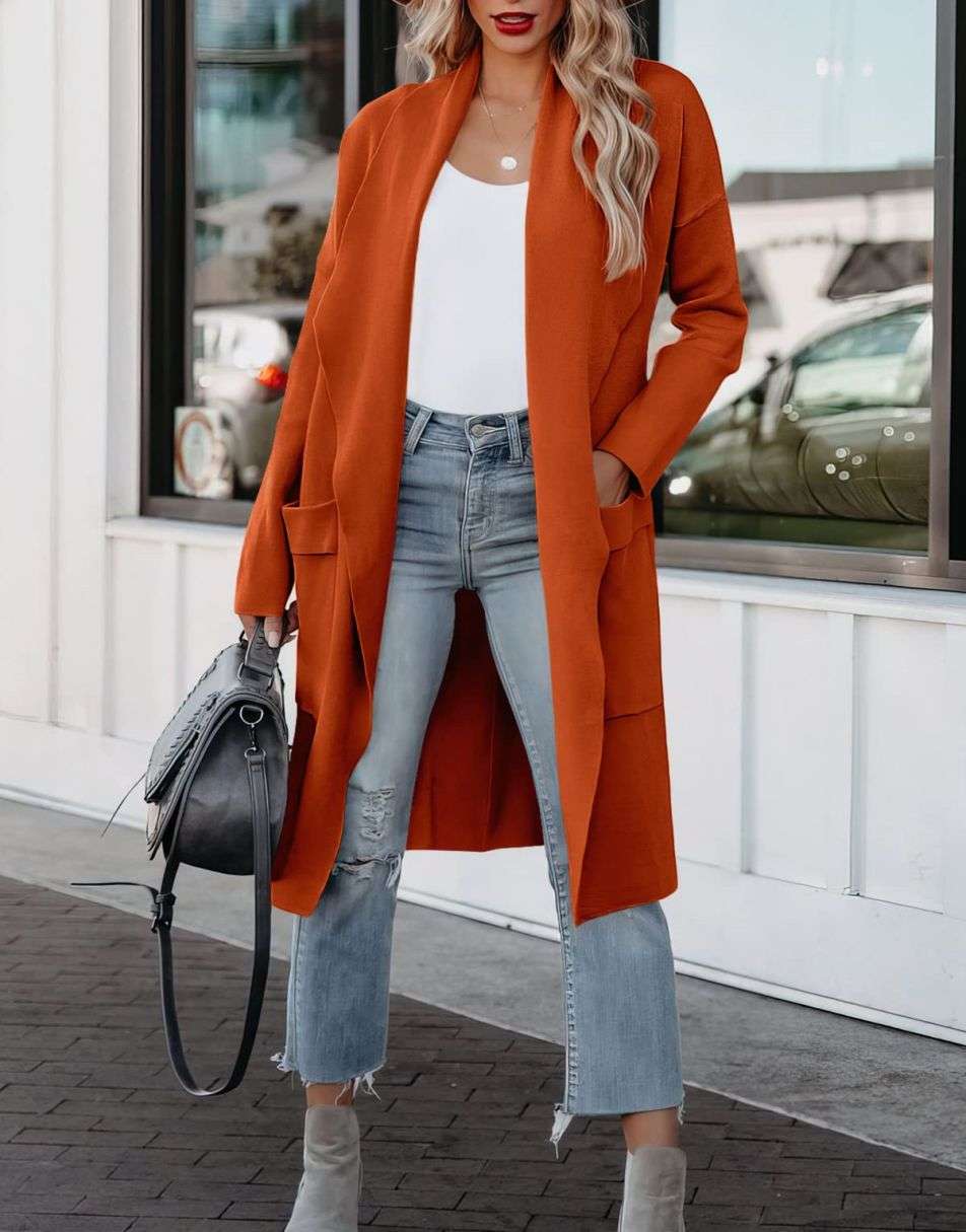 ANRABESS Women's Casual Long Sleeve Draped Open Front Knit Pockets Long Cardigan Jackets Sweater