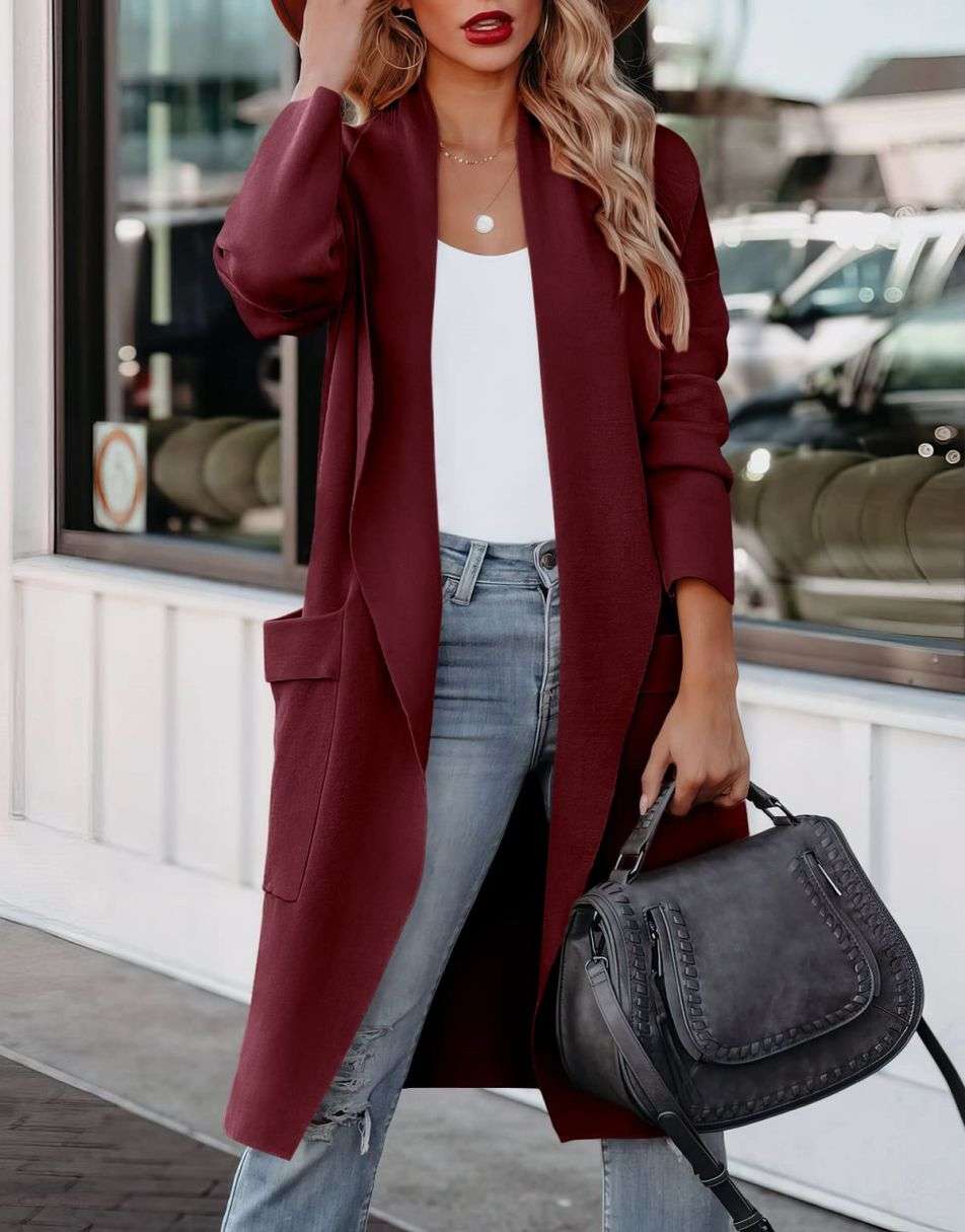 ANRABESS Women's Casual Long Sleeve Draped Open Front Knit Pockets Long Cardigan Jackets Sweater