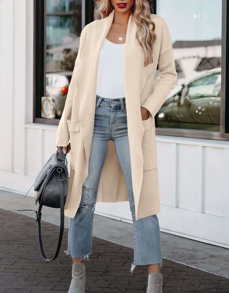 ANRABESS Women's Casual Long Sleeve Draped Open Front Knit Pockets Long Cardigan Jackets Sweater