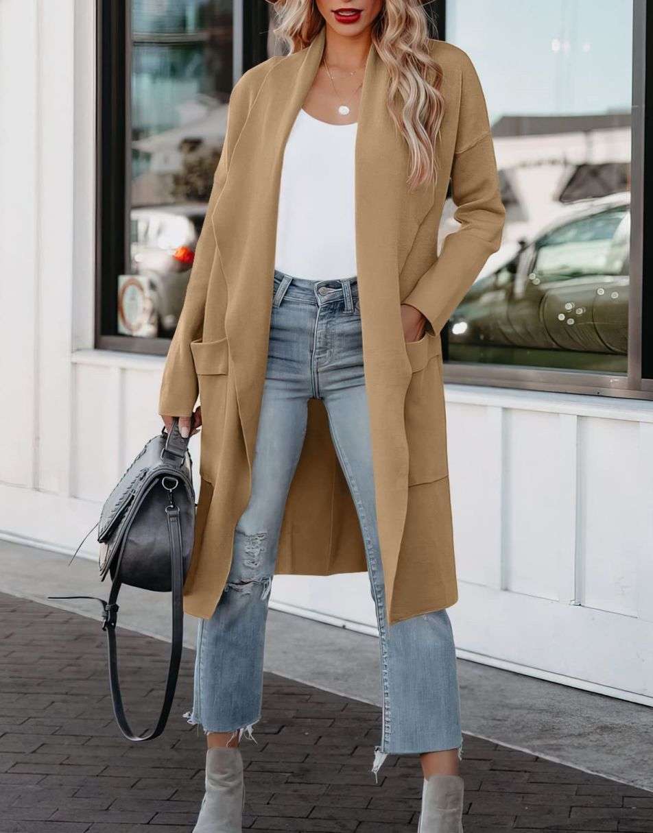 ANRABESS Women's Casual Long Sleeve Draped Open Front Knit Pockets Long Cardigan Jackets Sweater