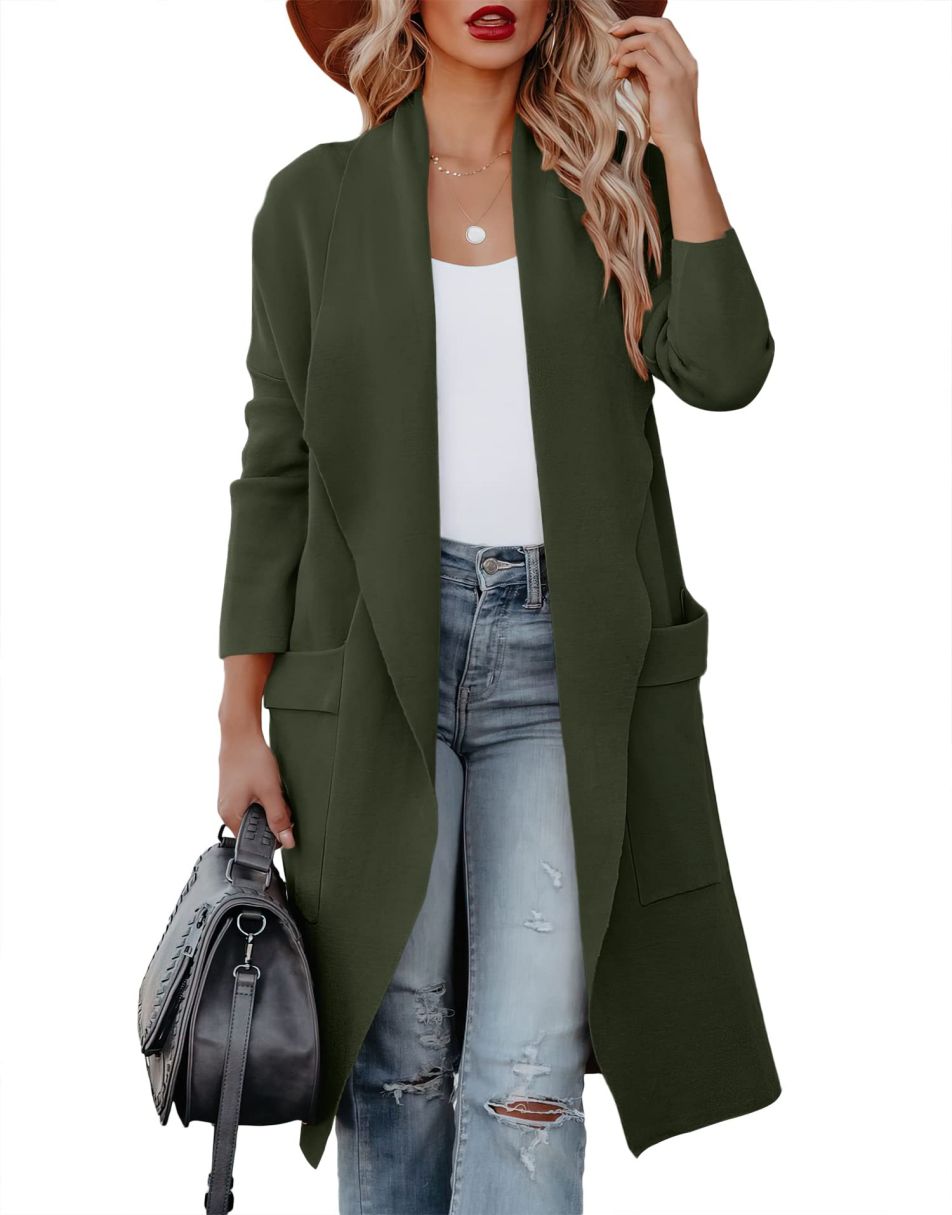 ANRABESS Women's Casual Long Sleeve Draped Open Front Knit Pockets Long Cardigan Jackets Sweater