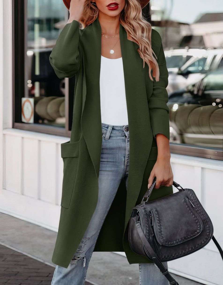 ANRABESS Women's Casual Long Sleeve Draped Open Front Knit Pockets Long Cardigan Jackets Sweater