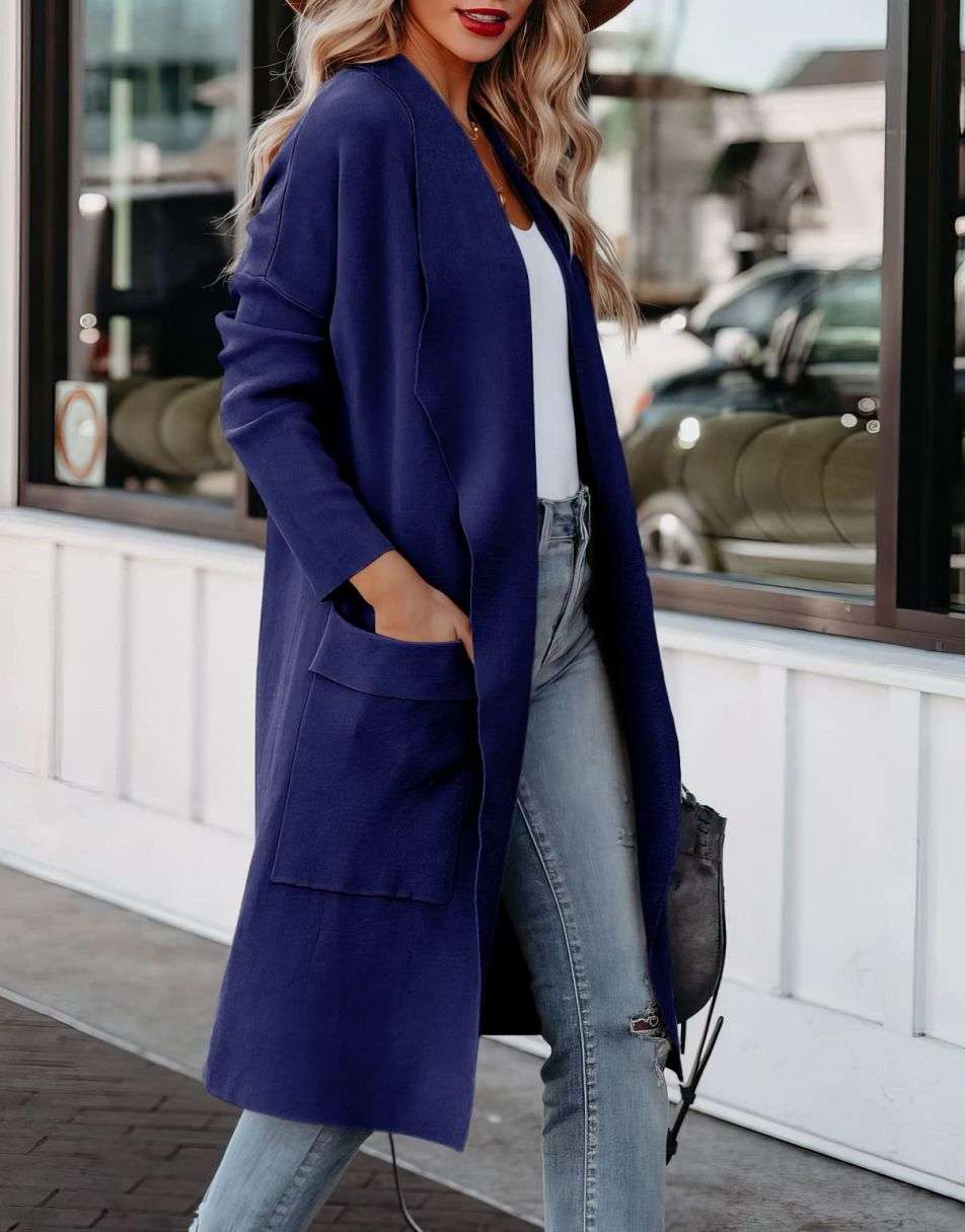 ANRABESS Women's Casual Long Sleeve Draped Open Front Knit Pockets Long Cardigan Jackets Sweater