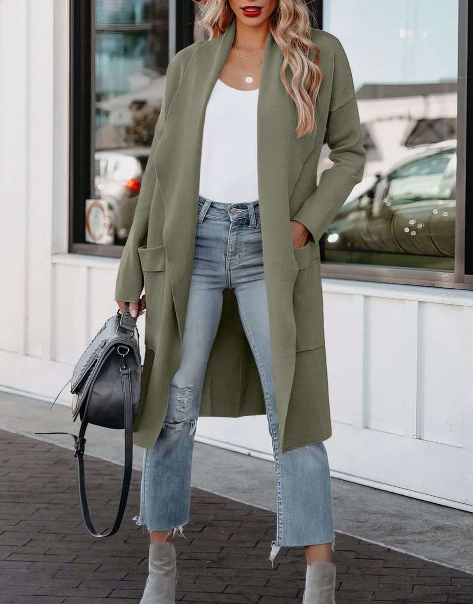 ANRABESS Women's Casual Long Sleeve Draped Open Front Knit Pockets Long Cardigan Jackets Sweater