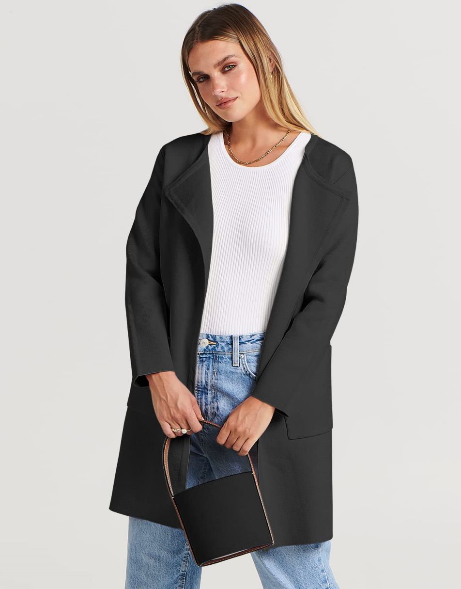 ANRABESS Women's Open Front Knit Cardigan Long Sleeve Lapel Casual Solid Classy Sweater Jacket