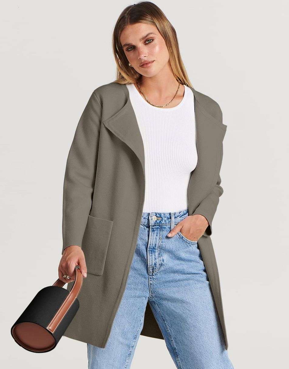 ANRABESS Women's Open Front Knit Cardigan Long Sleeve Lapel Casual Solid Classy Sweater Jacket