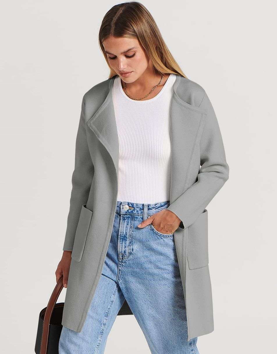 ANRABESS Women's Open Front Knit Cardigan Long Sleeve Lapel Casual Solid Classy Sweater Jacket