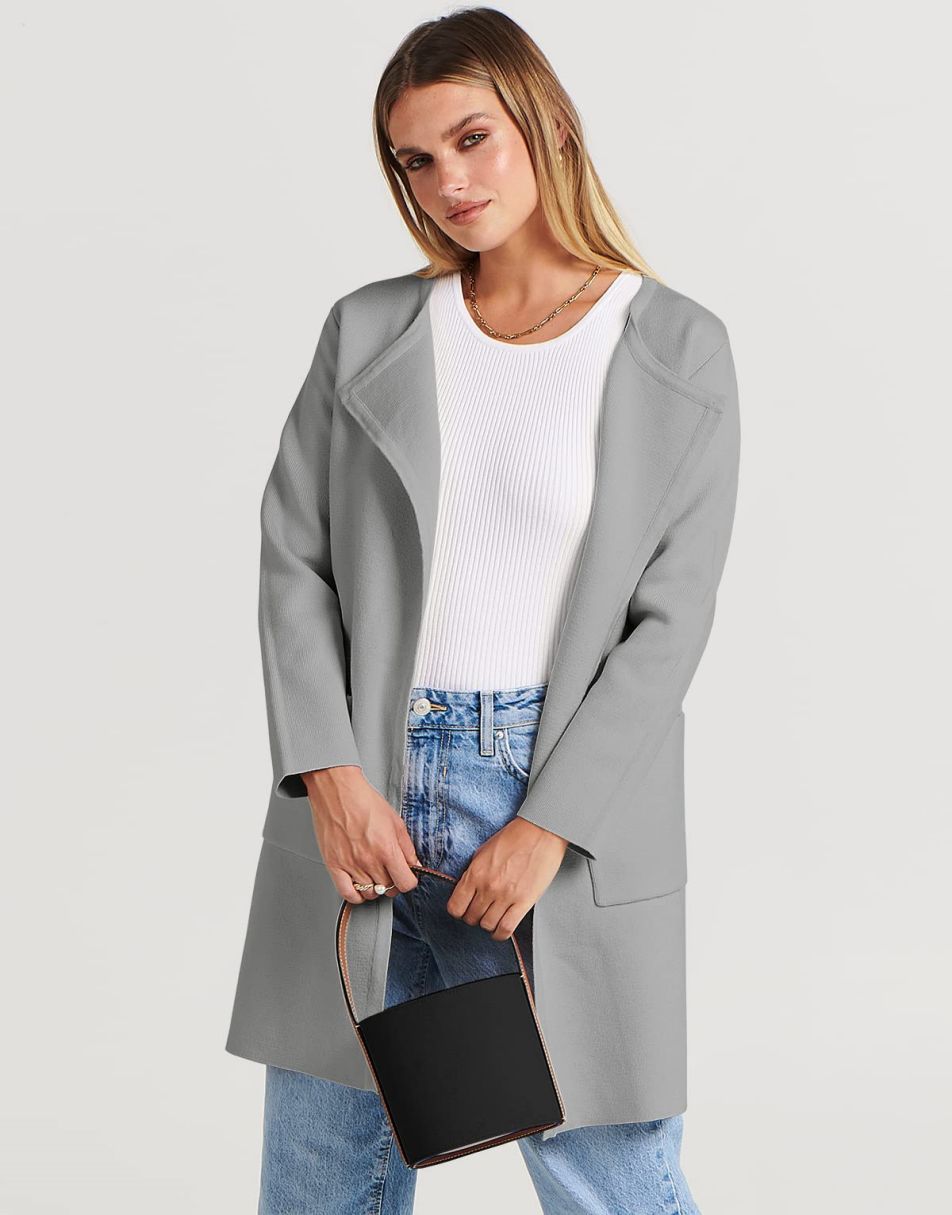 ANRABESS Women's Open Front Knit Cardigan Long Sleeve Lapel Casual Solid Classy Sweater Jacket