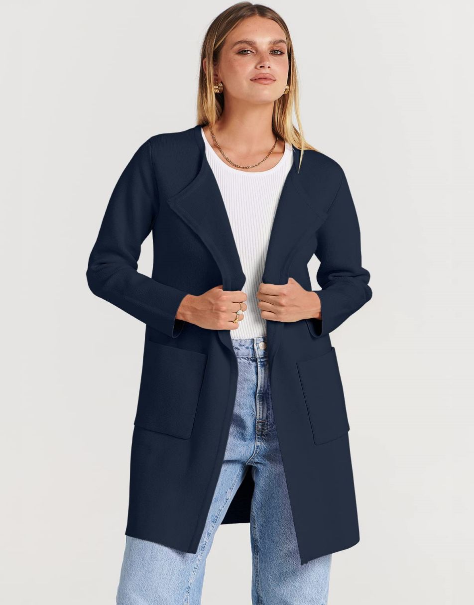 ANRABESS Women's Open Front Knit Cardigan Long Sleeve Lapel Casual Solid Classy Sweater Jacket