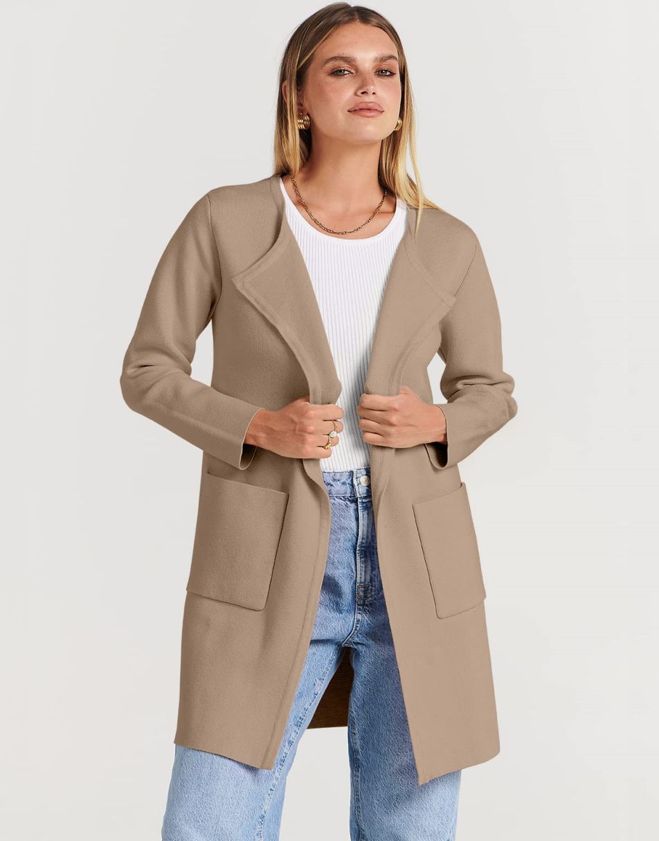 ANRABESS Women's Open Front Knit Cardigan Long Sleeve Lapel Casual Solid Classy Sweater Jacket