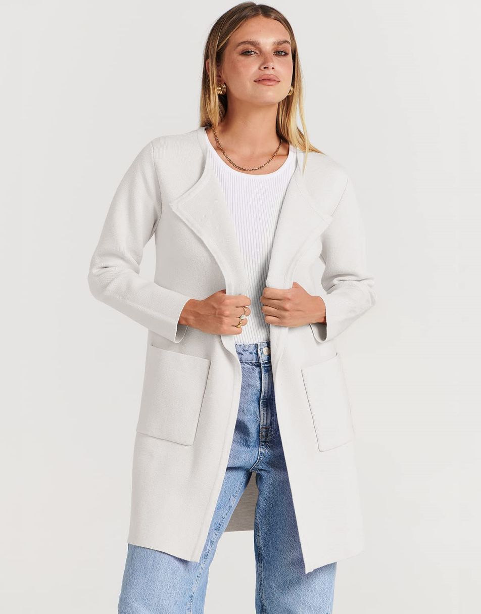 ANRABESS Women's Open Front Knit Cardigan Long Sleeve Lapel Casual Solid Classy Sweater Jacket