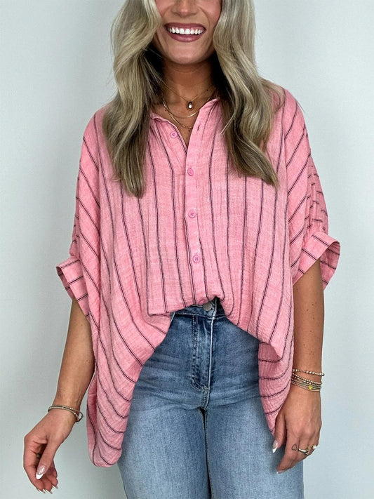 Women's Oversized Striped Button Down Top (Buy 2 Free Shipping)
