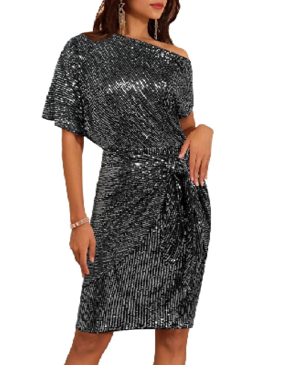 ⏰Hot Sale-Women's Sequin Sparkly Glitter One Shoulder Ruched Bodycon Dress(Buy 2 Free Shipping)