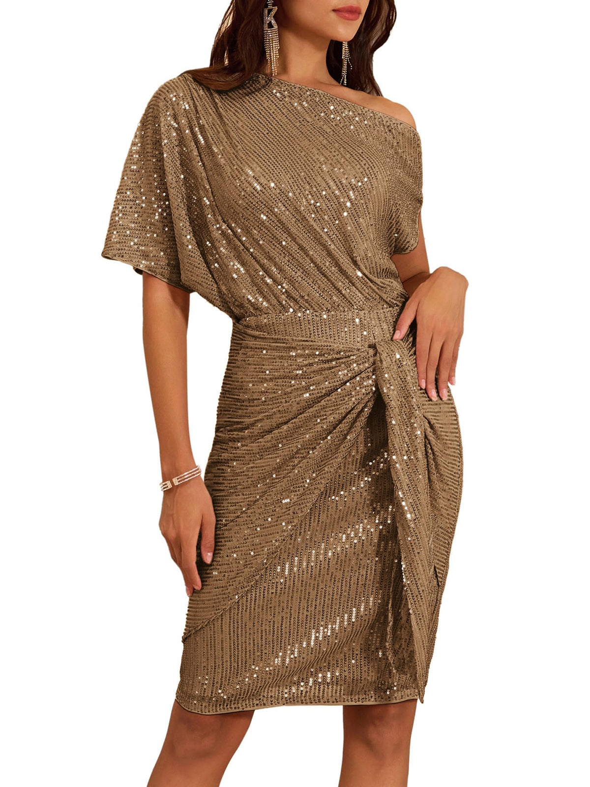 ⏰Hot Sale-Women's Sequin Sparkly Glitter One Shoulder Ruched Bodycon Dress(Buy 2 Free Shipping)
