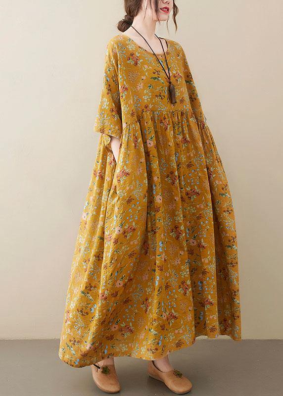 Natural light Yellow O-Neck Pockets Print Summer Sundress