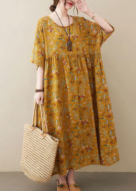 Natural light Yellow O-Neck Pockets Print Summer Sundress