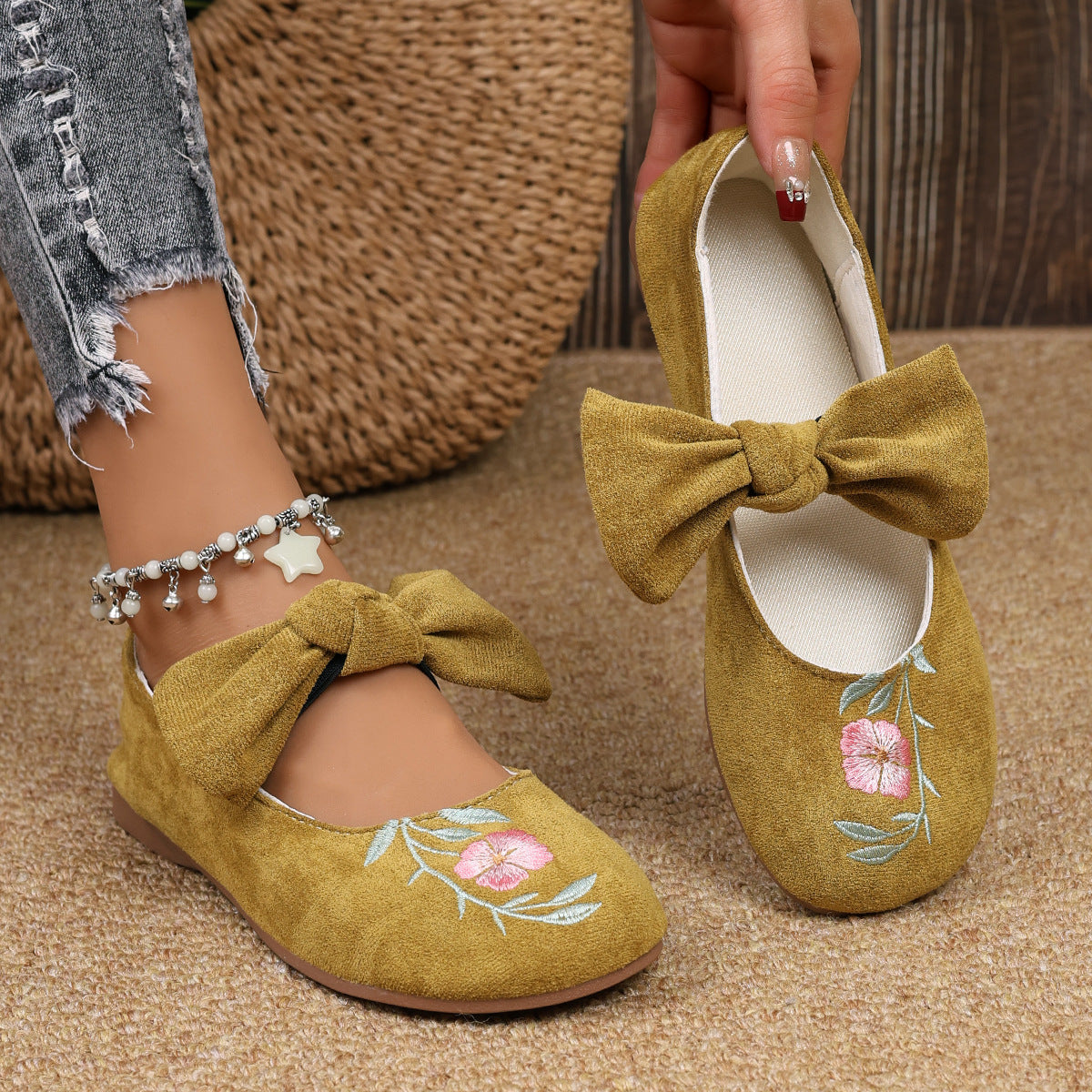 New Embroidered Bow Flat Mary Jane Shoes