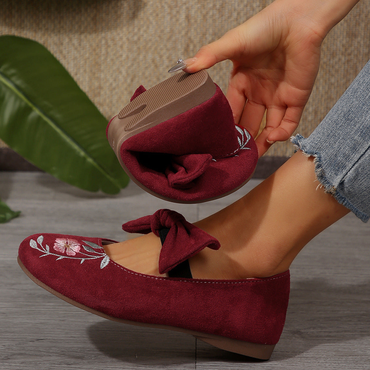 New Embroidered Bow Flat Mary Jane Shoes