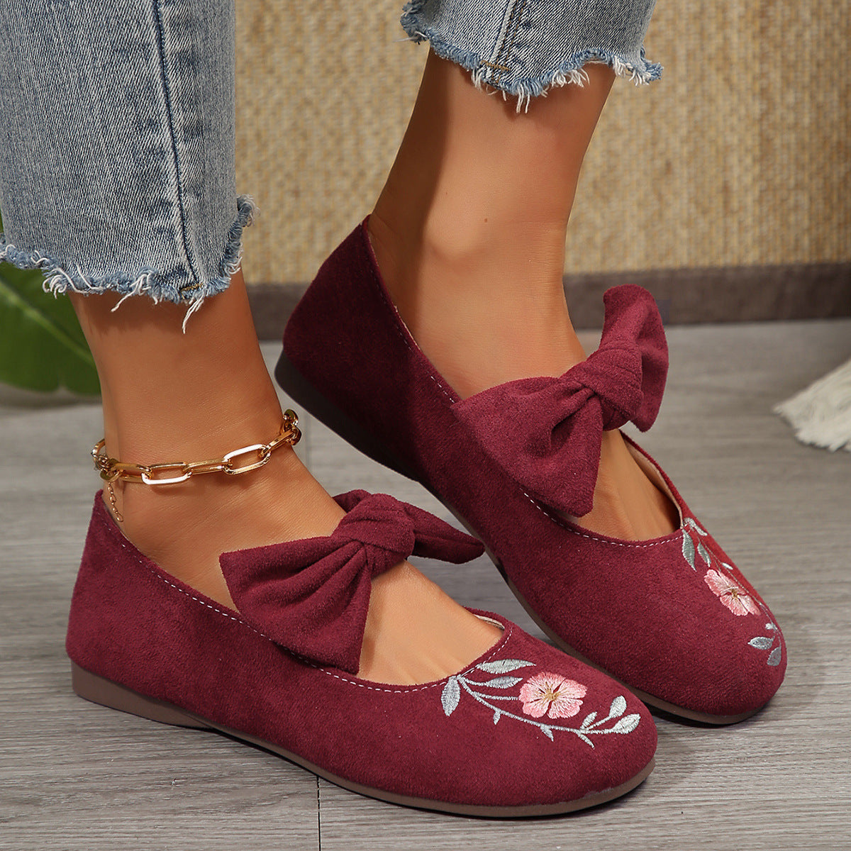 New Embroidered Bow Flat Mary Jane Shoes