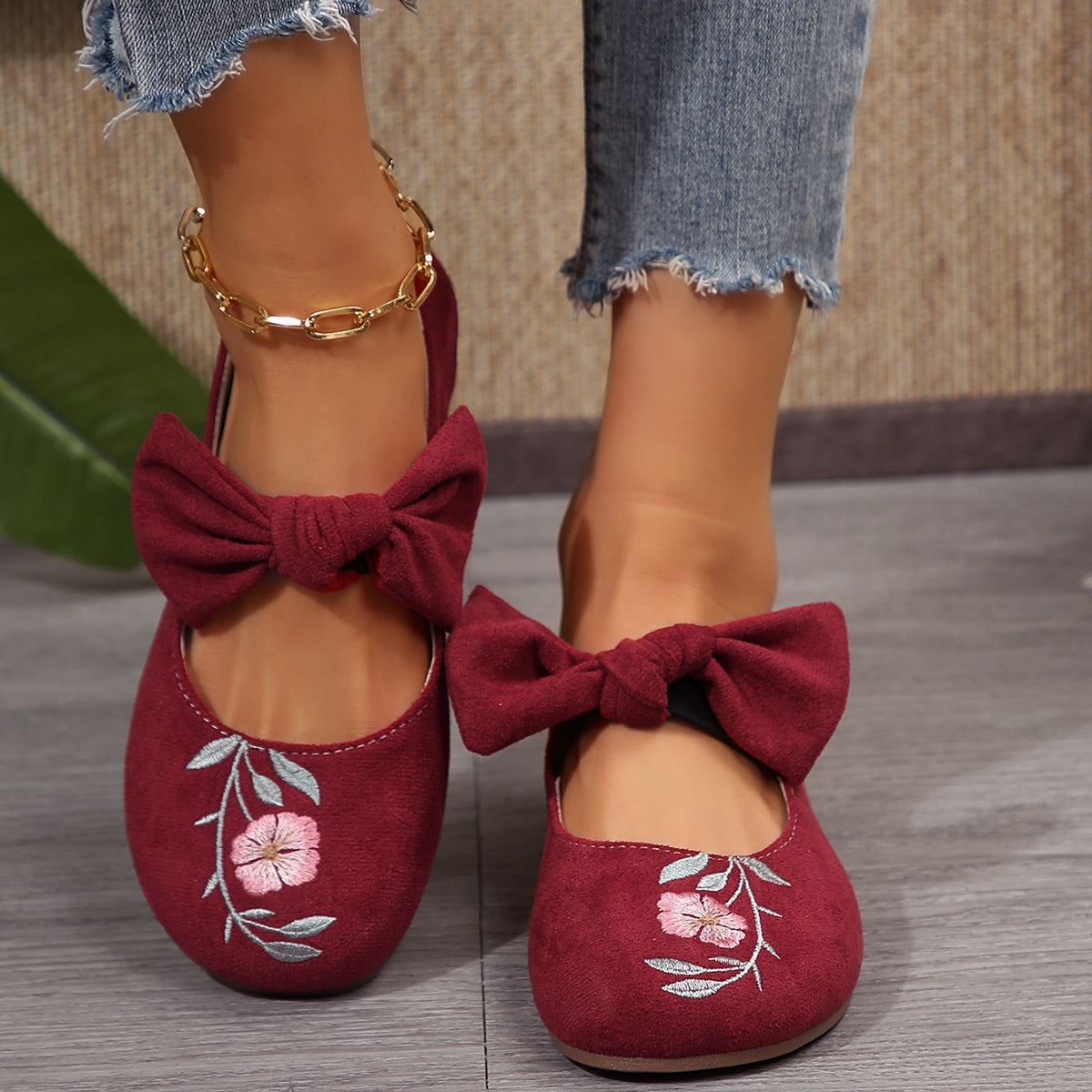 New Embroidered Bow Flat Mary Jane Shoes