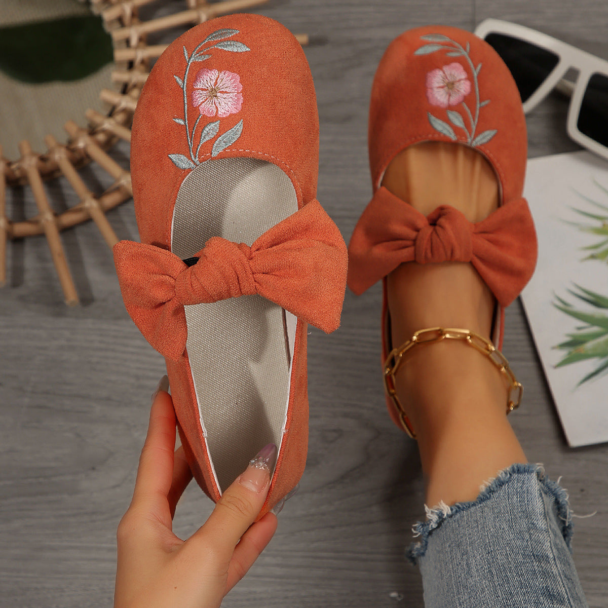 New Embroidered Bow Flat Mary Jane Shoes