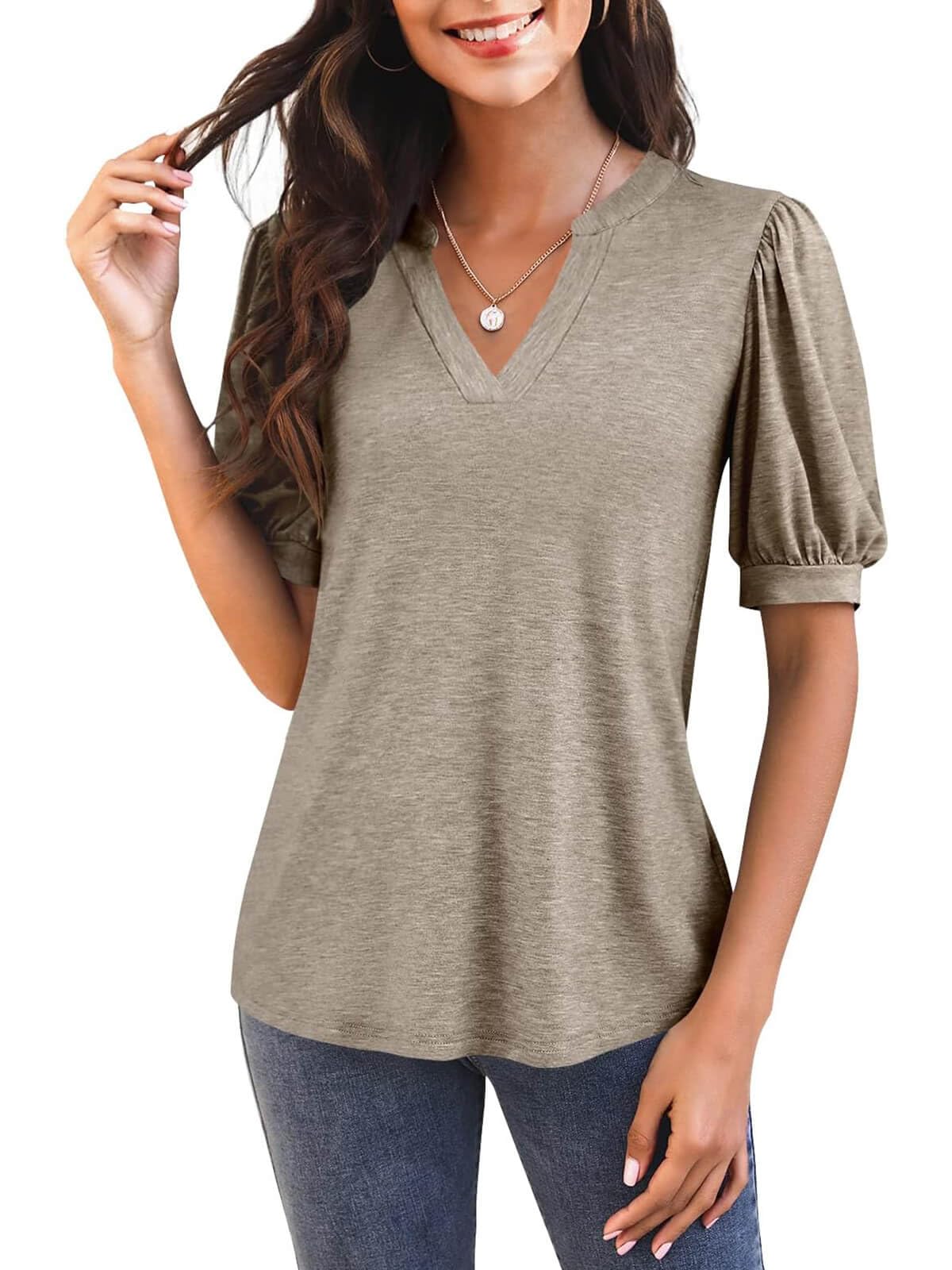 Women's V Neck Puff Sleeve Basic T-shirt (Buy 3 Free Shipping)