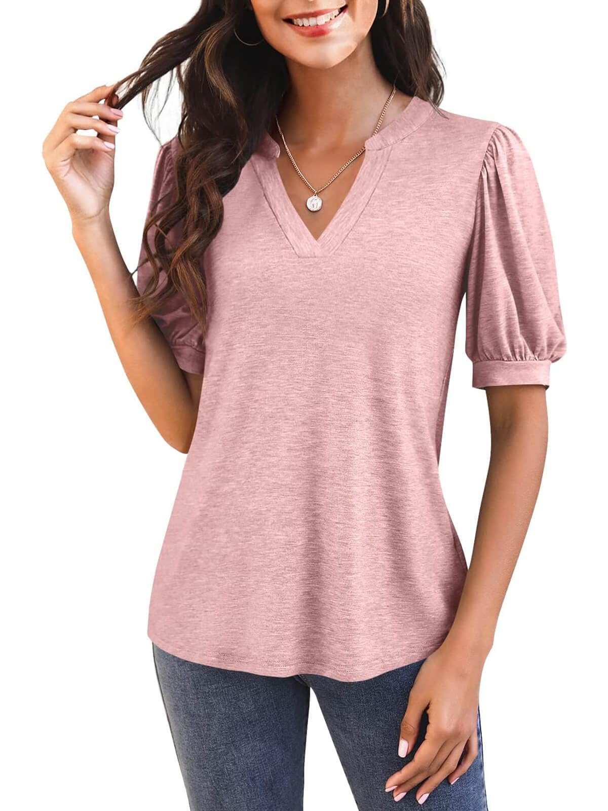 Women's V Neck Puff Sleeve Basic T-shirt (Buy 3 Free Shipping)