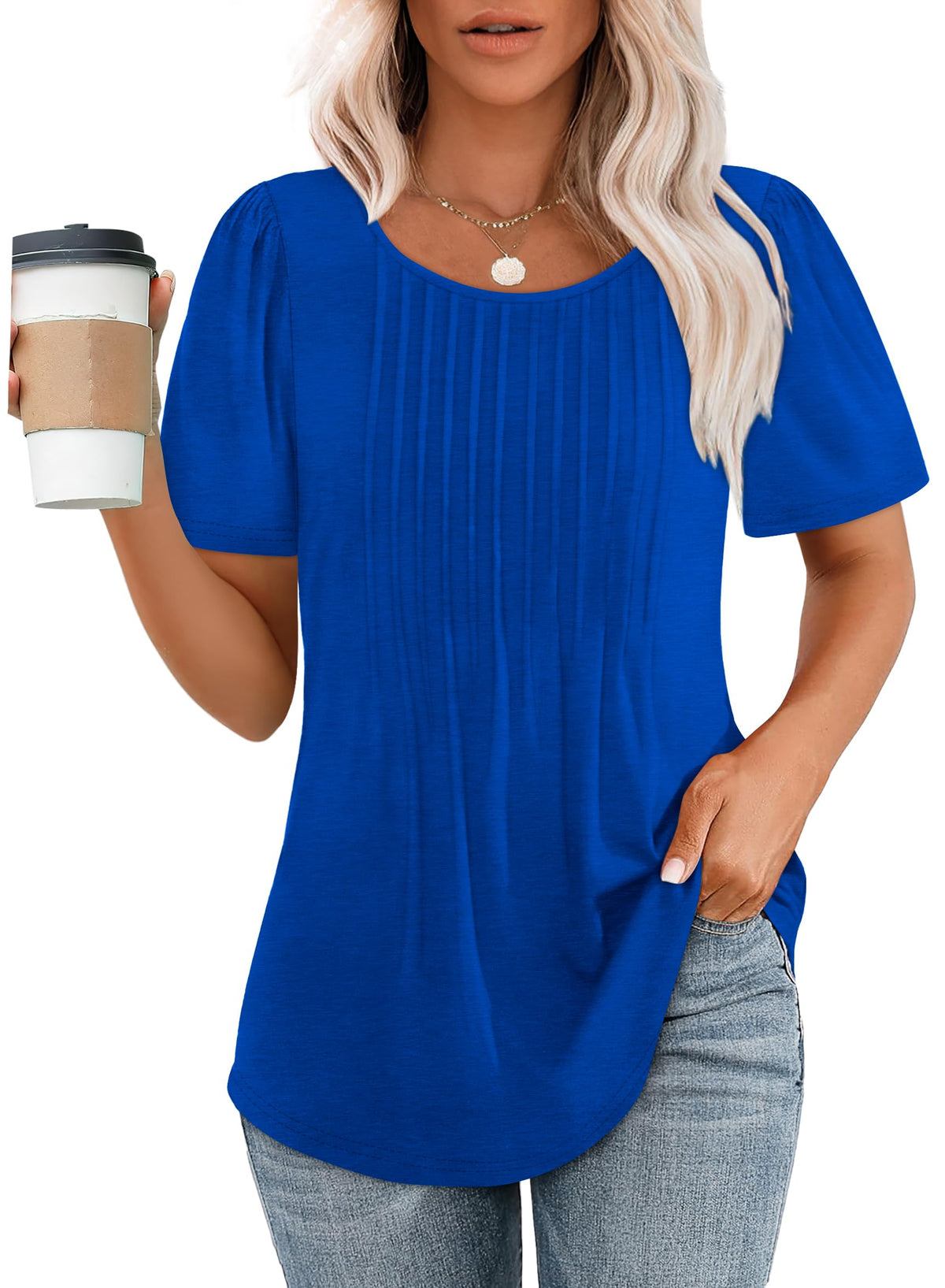 Women's Short Sleeve Pleated Scooped Neck Tops (Buy 3 Free Shipping)