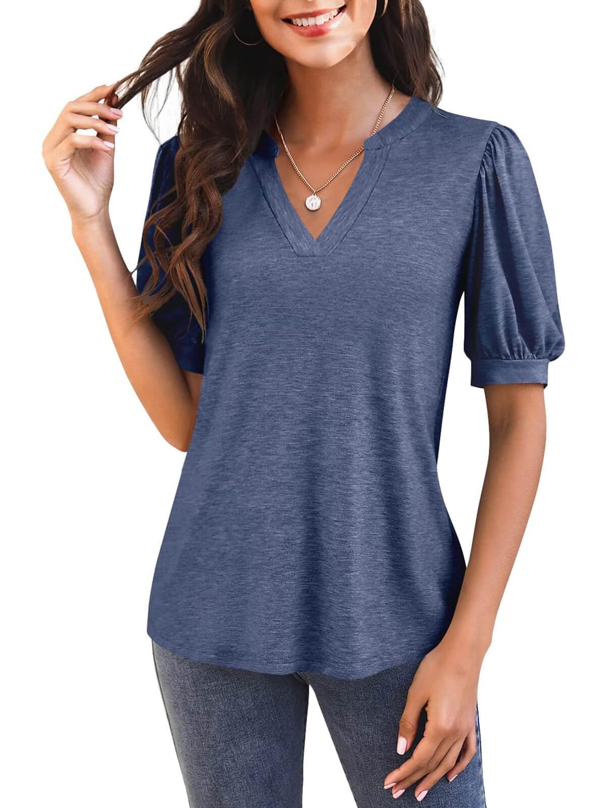 Women's V Neck Puff Sleeve Basic T-shirt (Buy 3 Free Shipping)