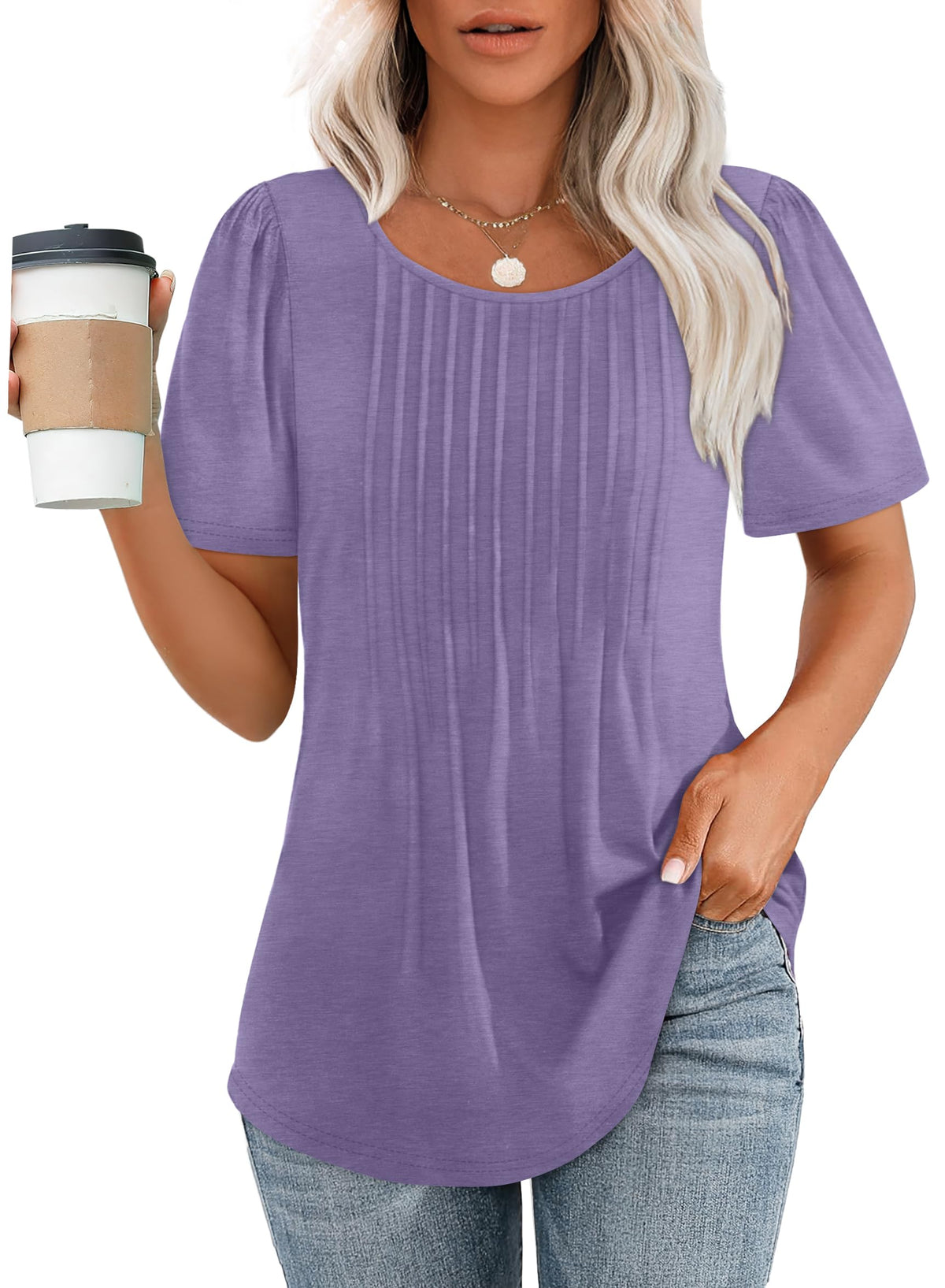 Women's Short Sleeve Pleated Scooped Neck Tops (Buy 3 Free Shipping)